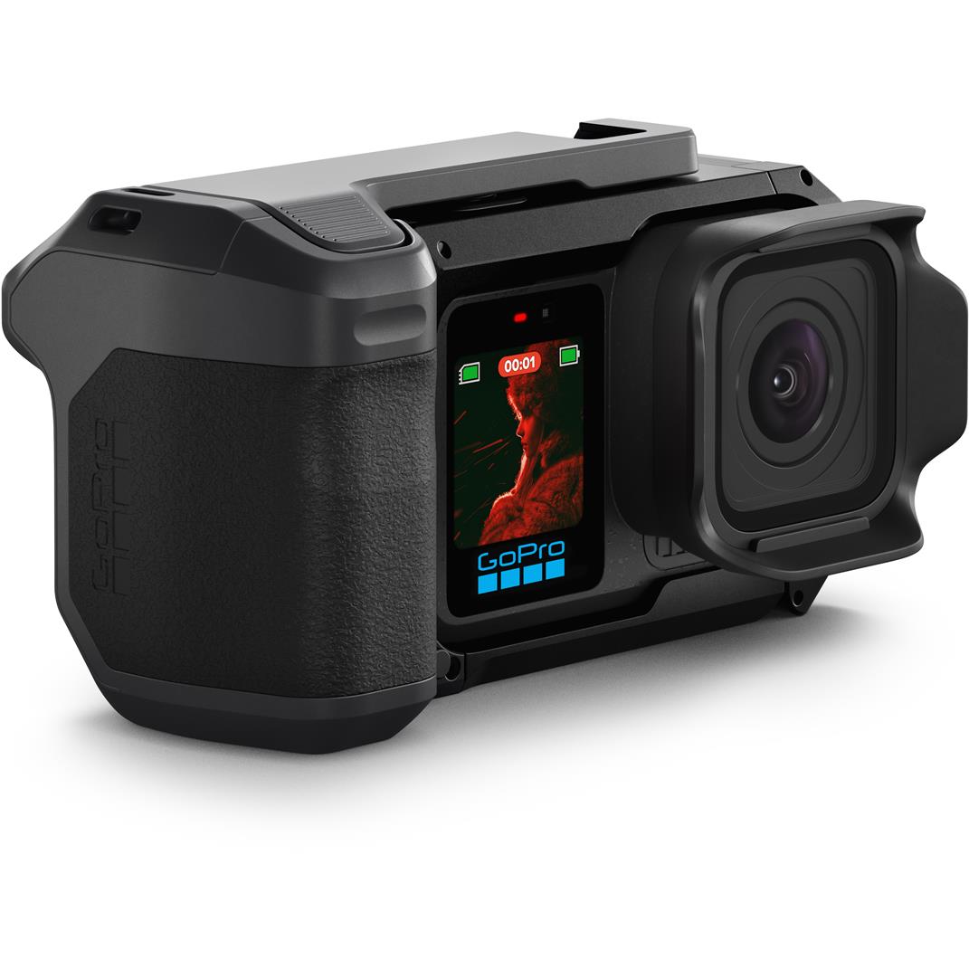GoPro camera grip with cold shoe mount housing, angled view with lens visible