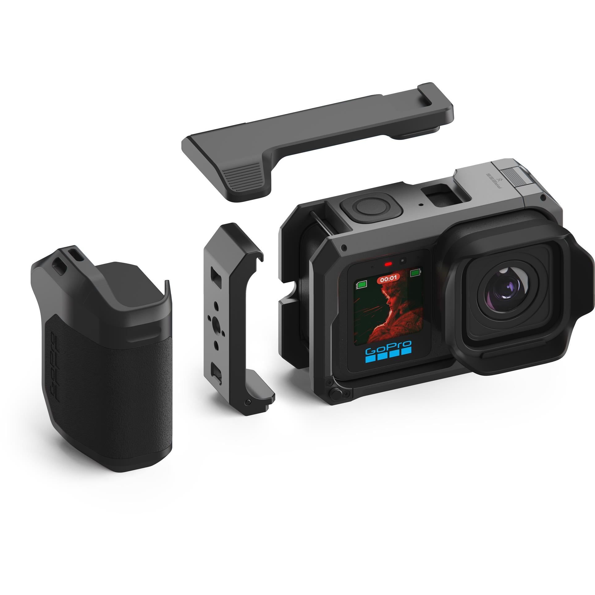 GoPro camera grip with cold shoe mount housing kit, camera and grip pieces