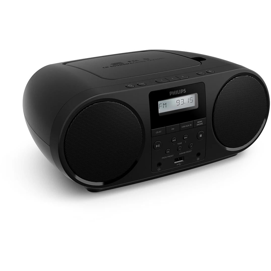 Black portable CD sound machine with dual speaker grilles and FM display