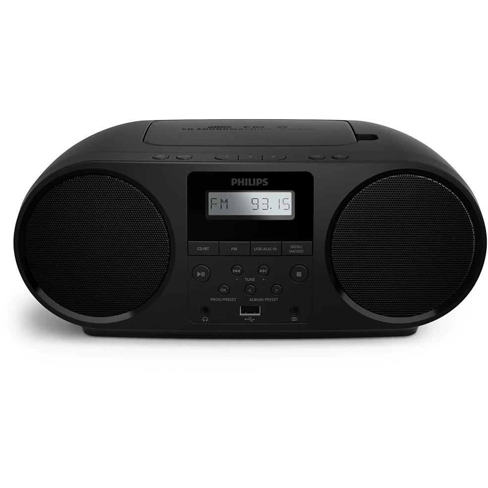 Black portable CD sound machine with LCD FM 93.15 and control buttons