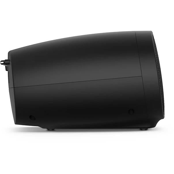 Black portable CD sound machine side view with rear panel