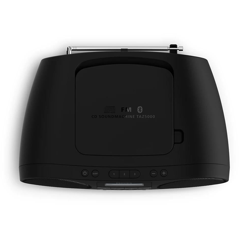 Black portable CD sound machine front with FM CD label and speaker grille