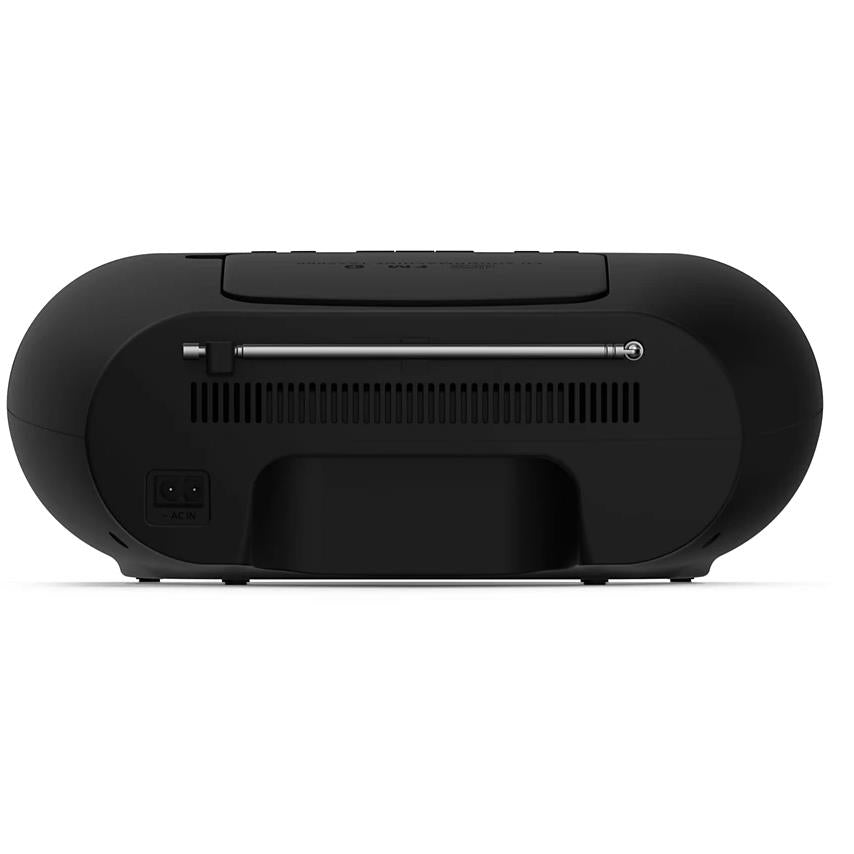 Black portable CD sound machine bottom with power and battery cover