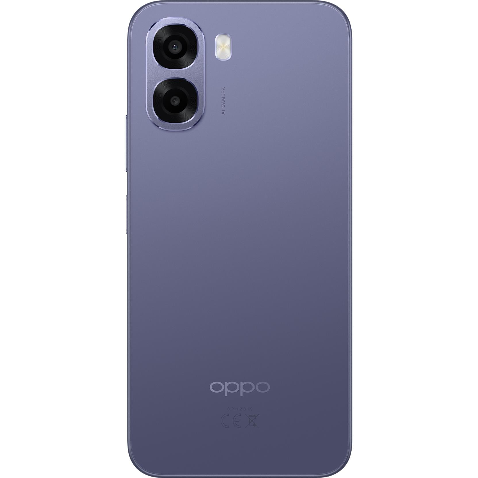Plum purple OPPO A6x 4G smartphone, dual rear cameras, back view.