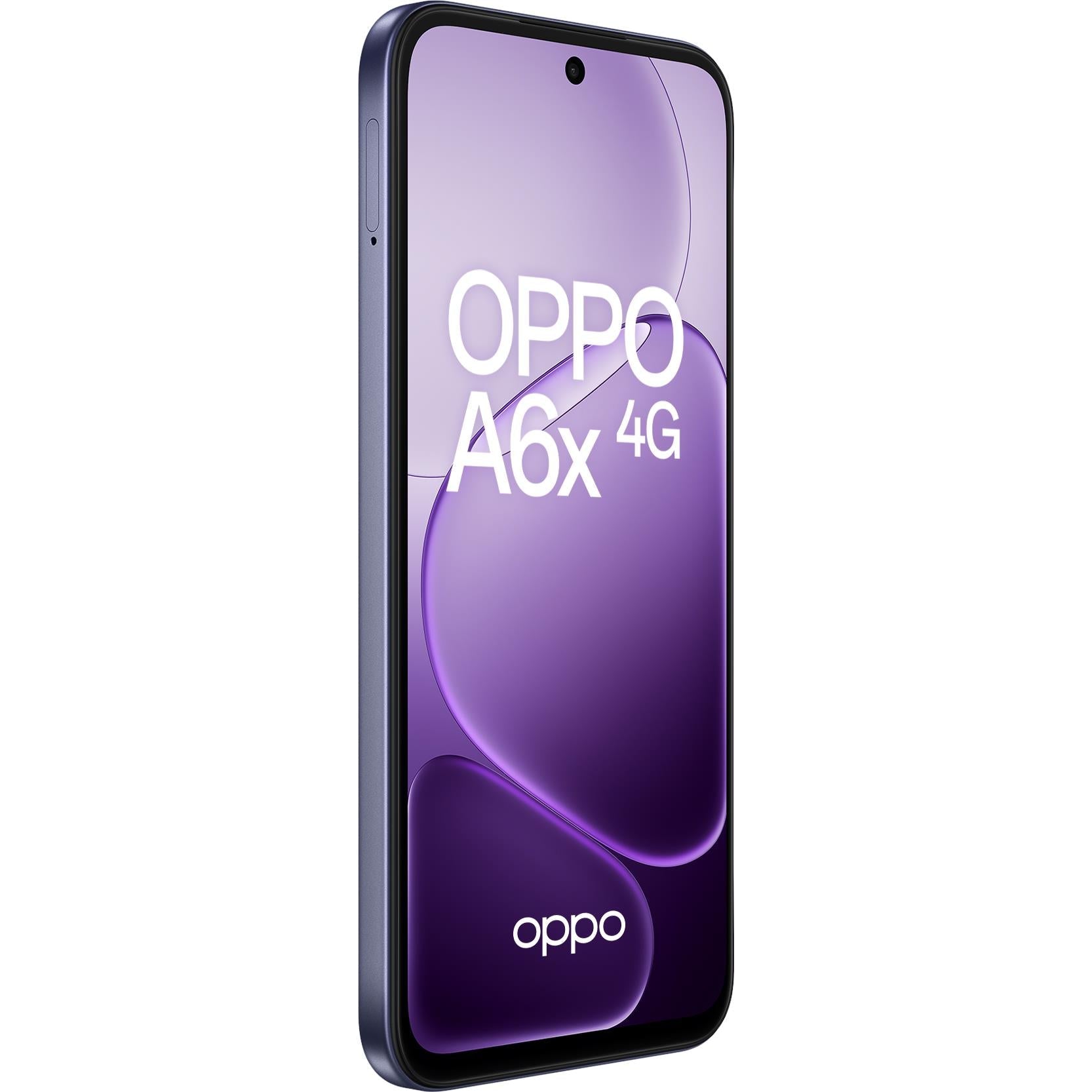 Plum purple OPPO smartphone front, curved display with front camera cutout.