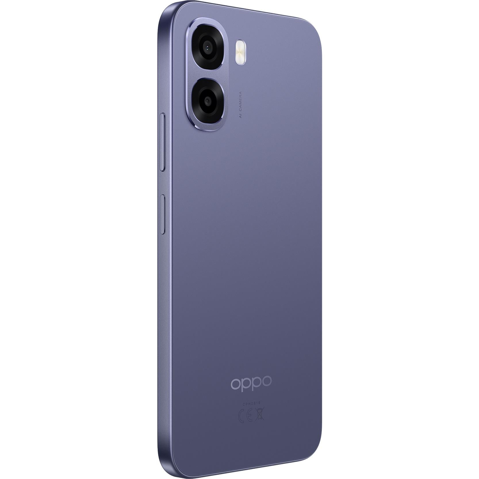 Plum purple OPPO smartphone back, vertical dual-camera module and flash.