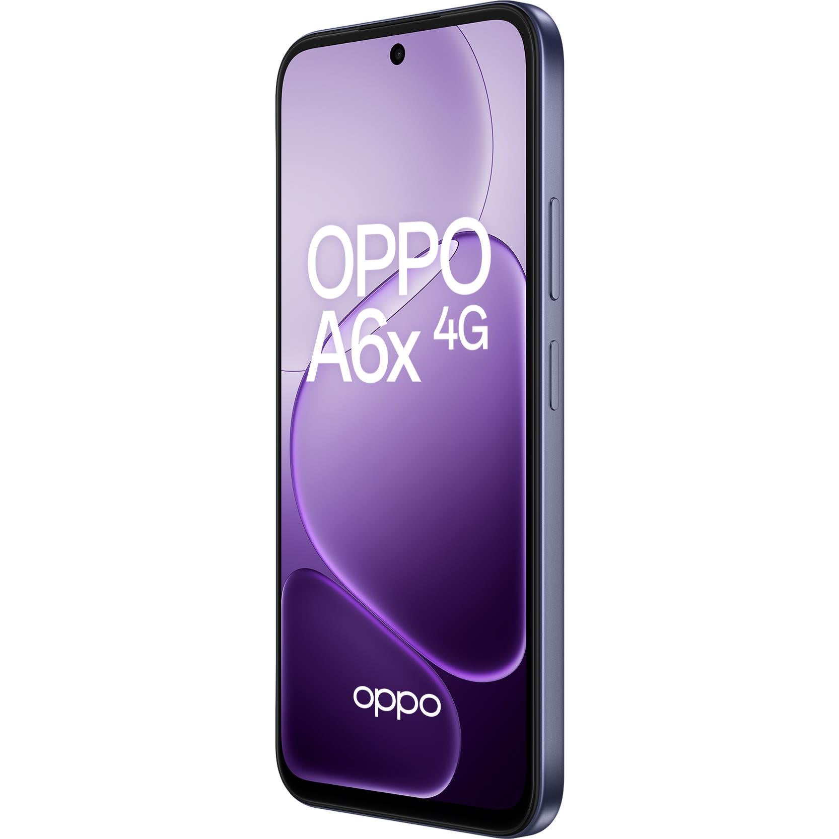 Plum purple OPPO smartphone front view, purple gradient screen and earpiece.