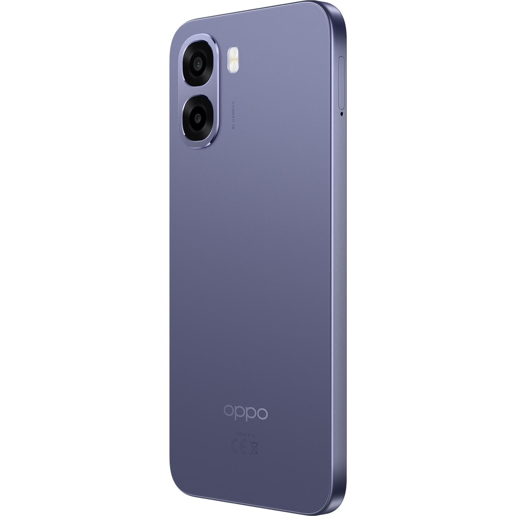 Plum purple OPPO smartphone back view, rear cameras and Oppo logo.