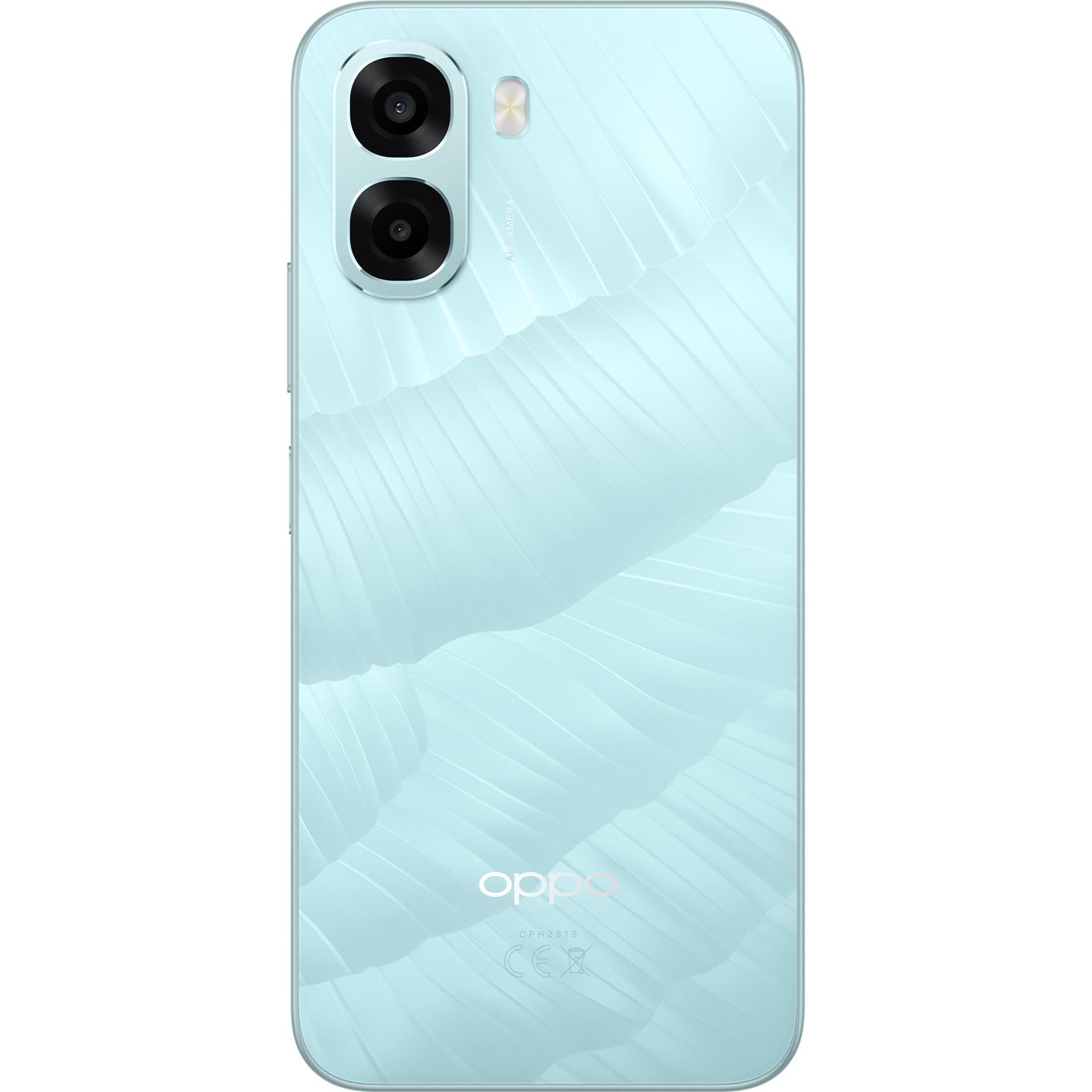 Ice blue OPPO A6x 4G smartphone with dual rear cameras and fingerprint-ready back