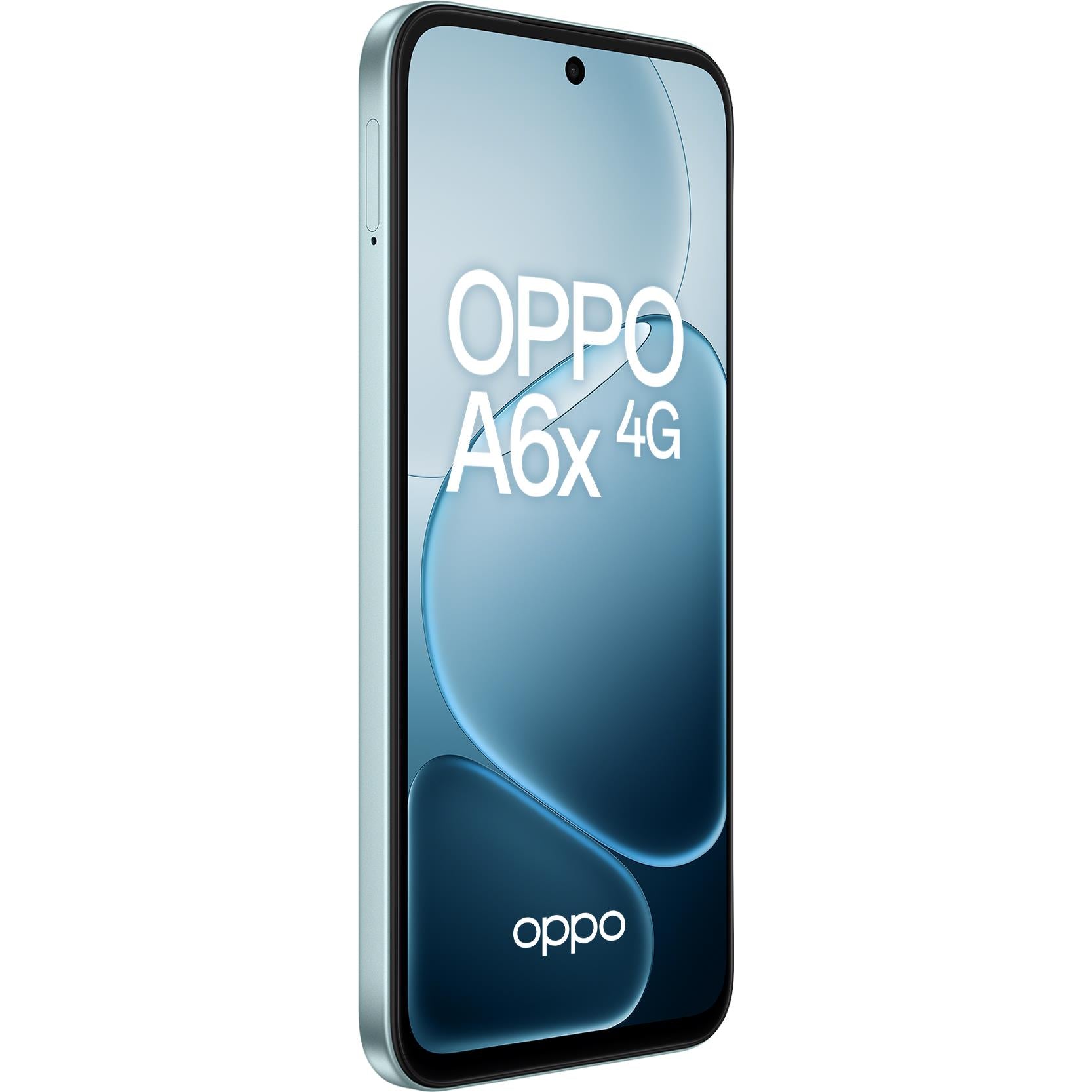 Ice blue OPPO A6x 4G smartphone front with waterdrop notch and display