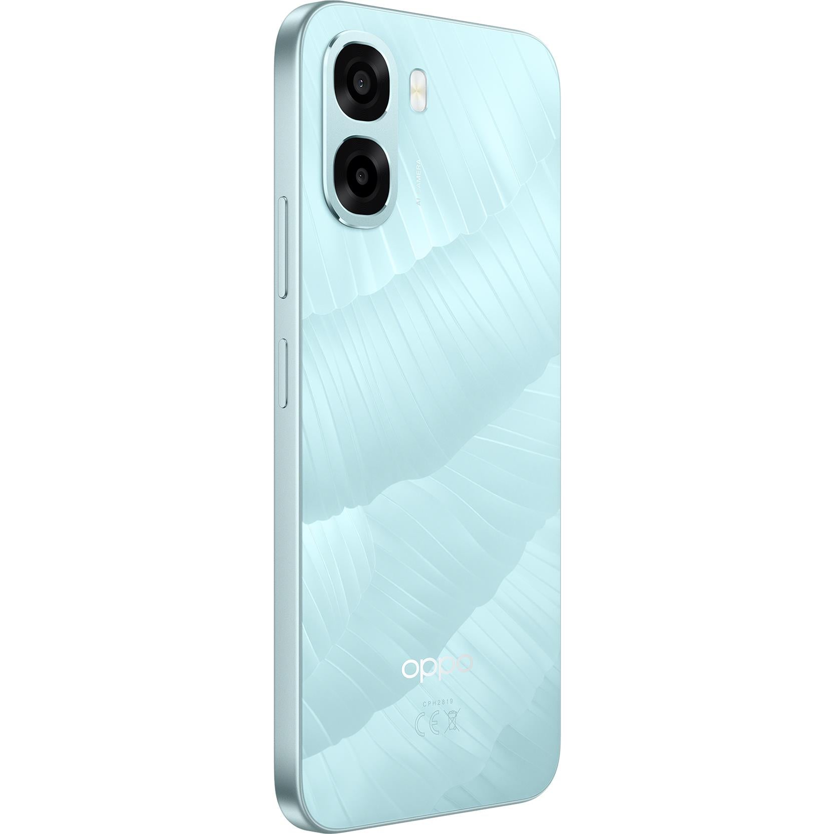 Ice blue OPPO A6x 4G smartphone back with dual camera module and OPPO logo