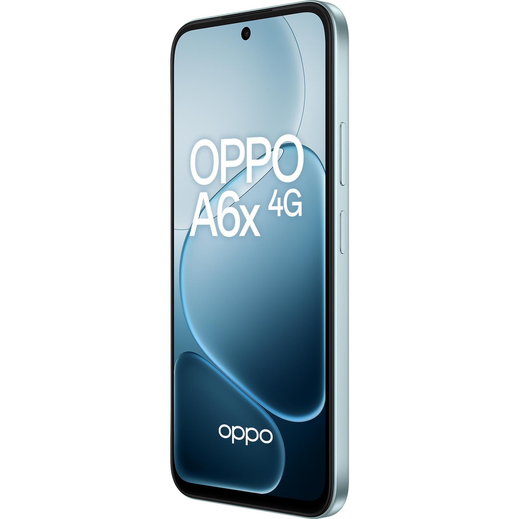 Ice blue OPPO A6x 4G smartphone front view with dual-tone wallpaper