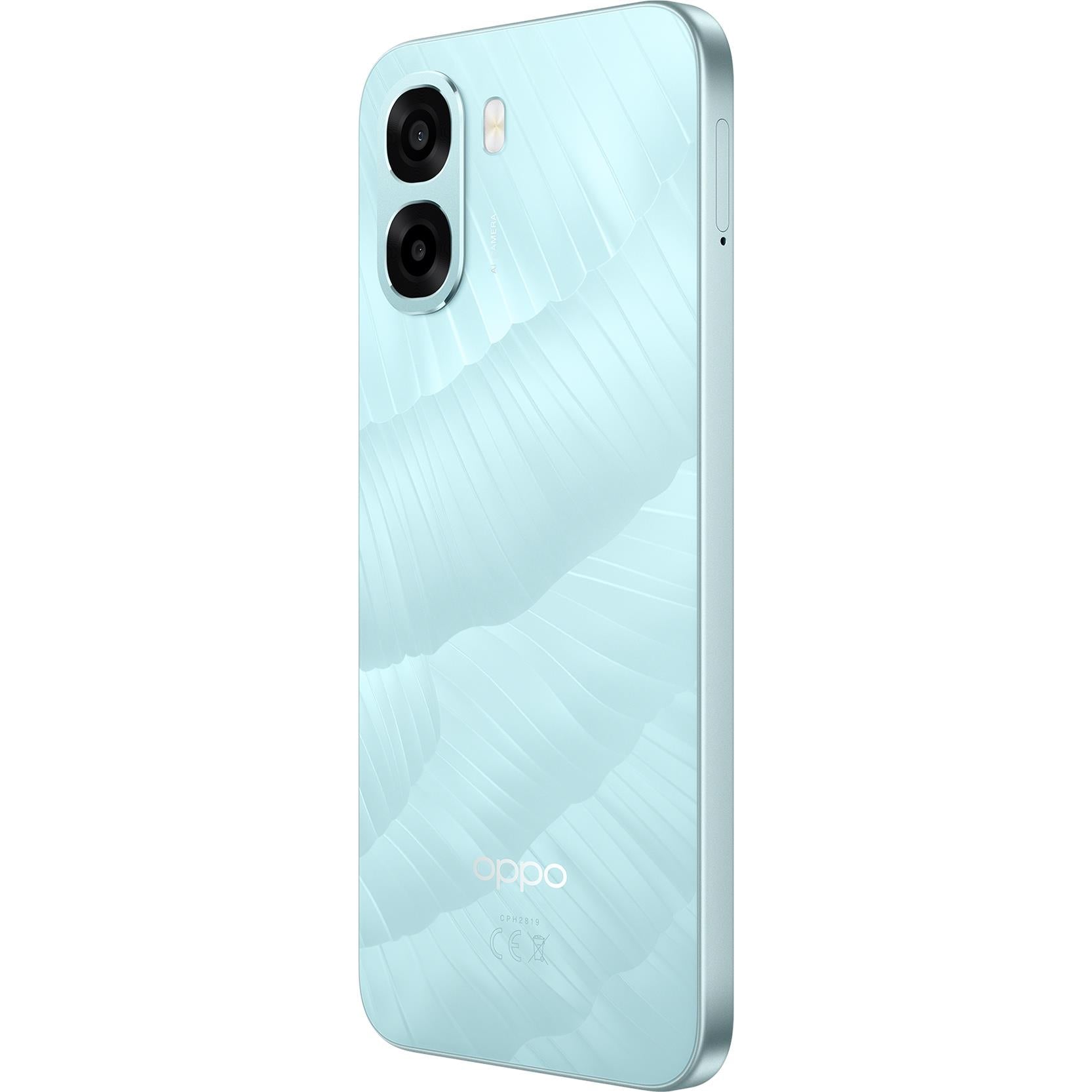 Ice blue OPPO A6x 4G smartphone back view with dual cameras and slim profile