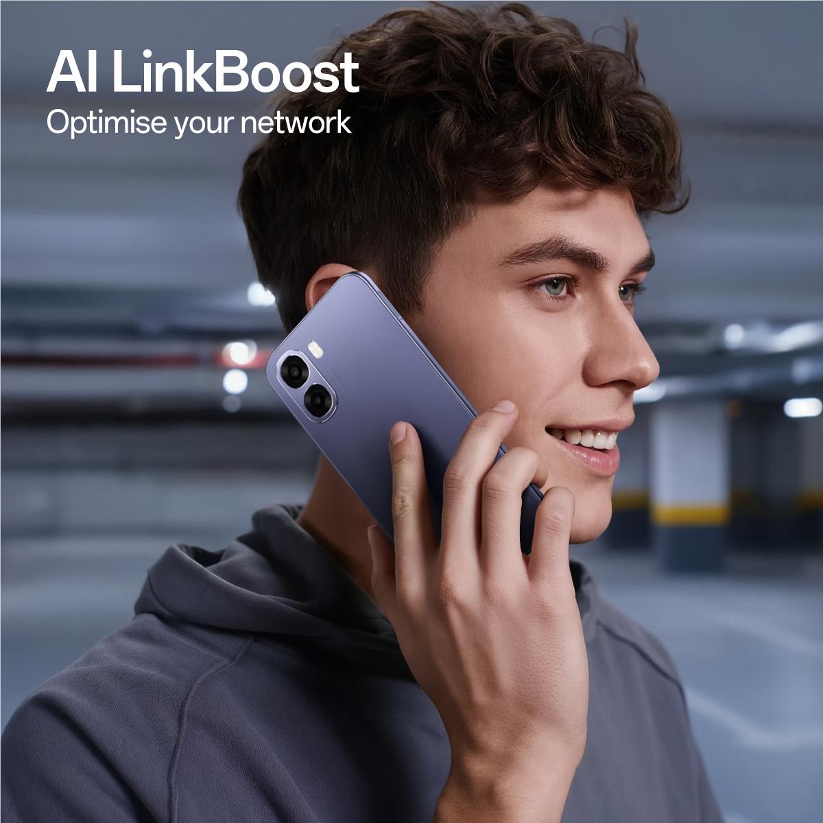 Ice blue smartphone held to the ear by a person