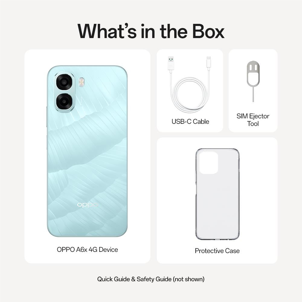 Smartphone box contents: ice blue phone, case, USB-C cable, SIM tool