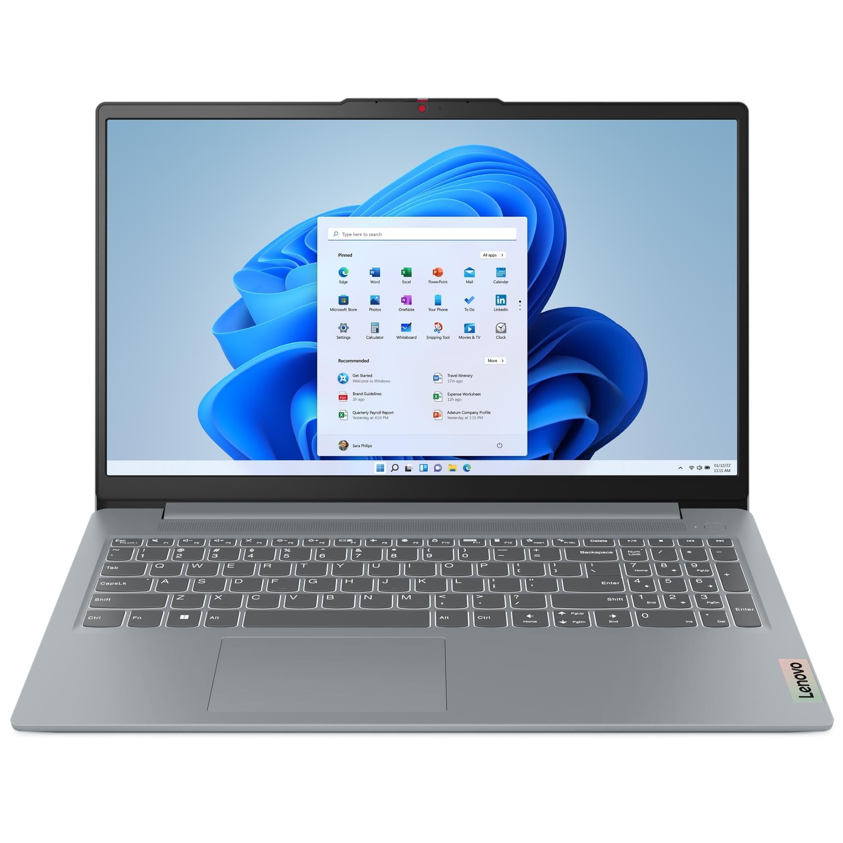 Grey Lenovo IdeaPad Slim 3 laptop with open 15.6" display and visible keyboard