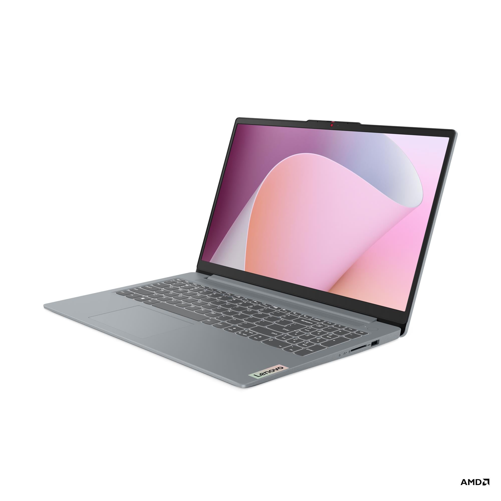 Grey Lenovo IdeaPad Slim 3 laptop open at an angle, screen showing colorful desktop