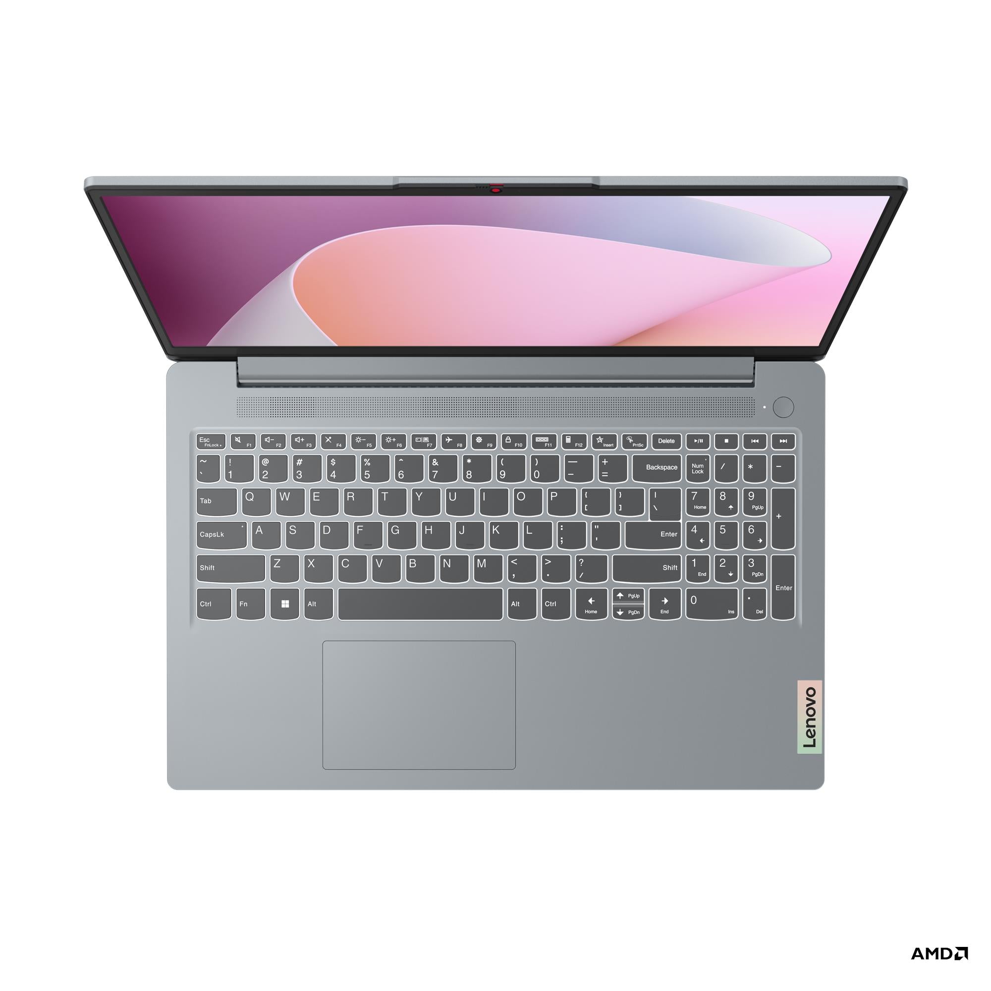 Grey Lenovo IdeaPad Slim 3 laptop open, keyboard deck and trackpad visible