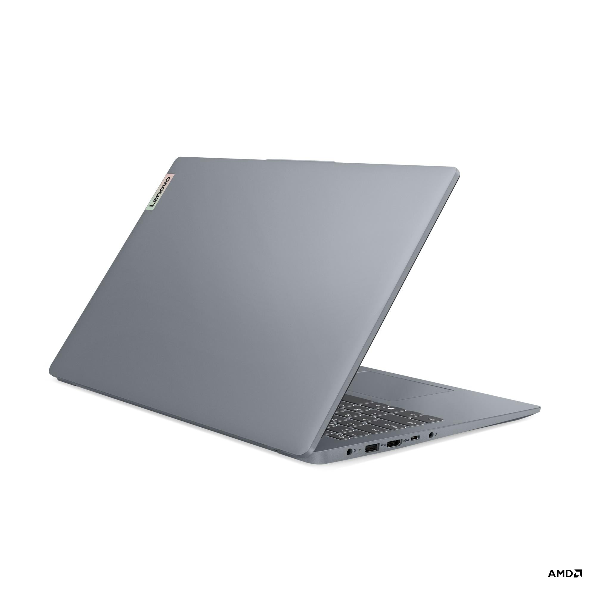 Grey Lenovo IdeaPad Slim 3 laptop back view with hinge and keyboard edge