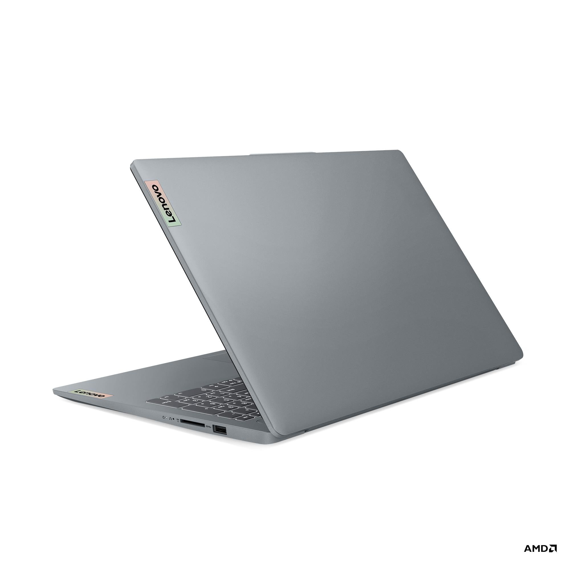 Grey Lenovo IdeaPad Slim 3 laptop back view, thin profile and hinge visible