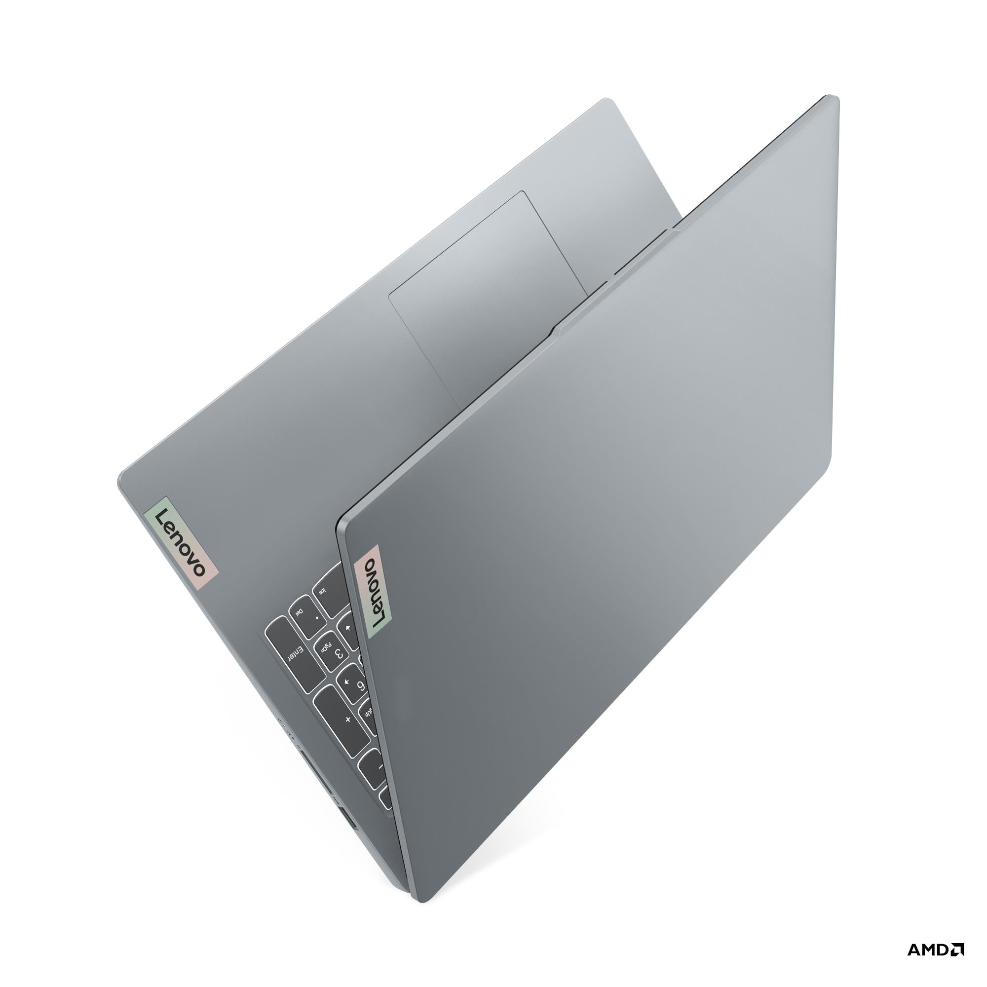 Grey Lenovo IdeaPad Slim 3 laptop side view with keyboard edge and hinges