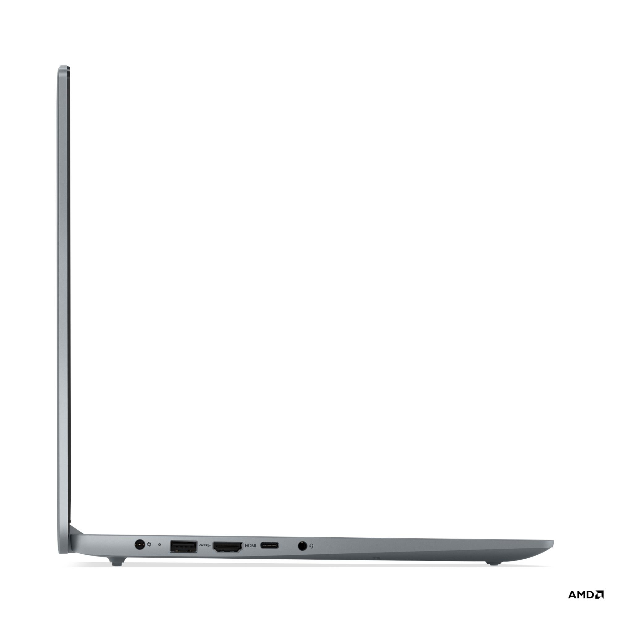 Grey Lenovo IdeaPad Slim 3 laptop left side with ports and headphone jack