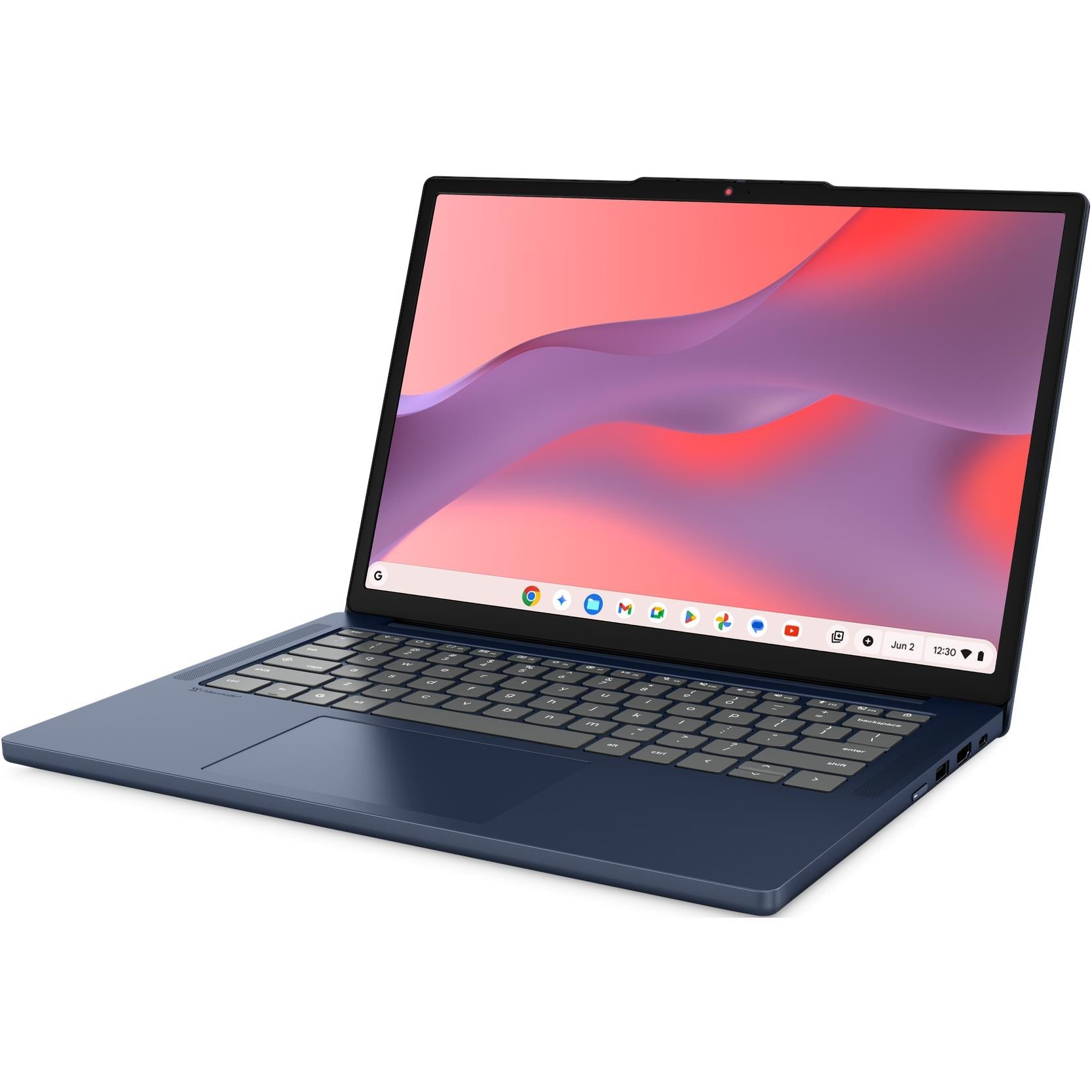 Blue 14-inch Chromebook with open screen and full-size keyboard