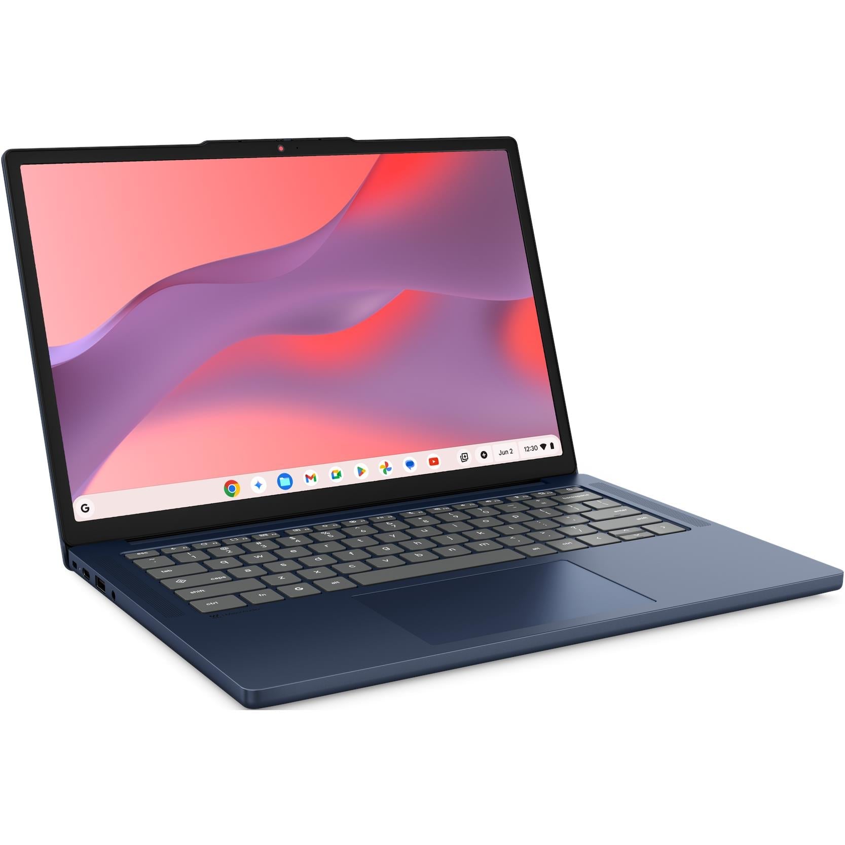 Blue 14-inch Chromebook open with touchscreen display and keyboard