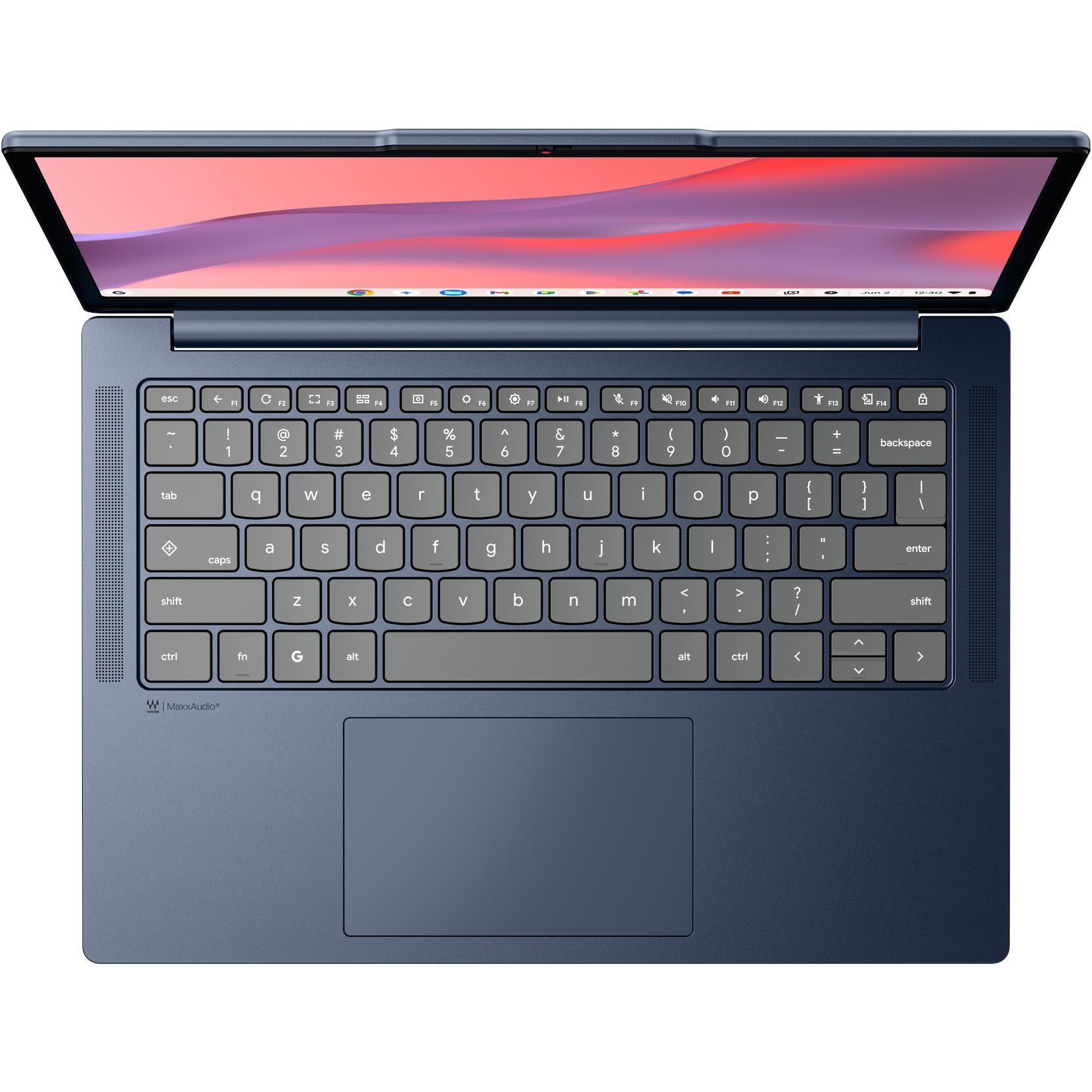 Blue Chromebook keyboard deck with trackpad and full-size keys