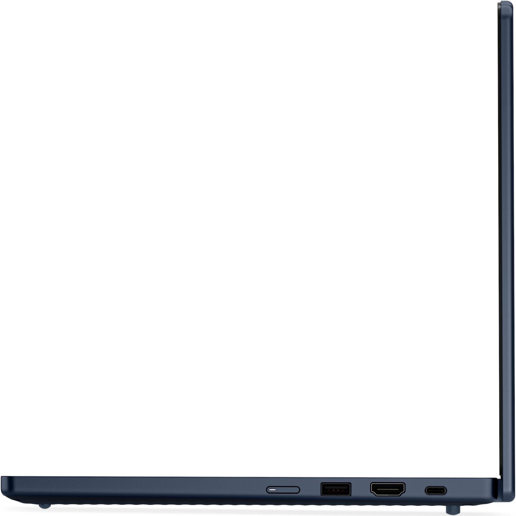 Blue Chromebook right side with ports and power button along the edge