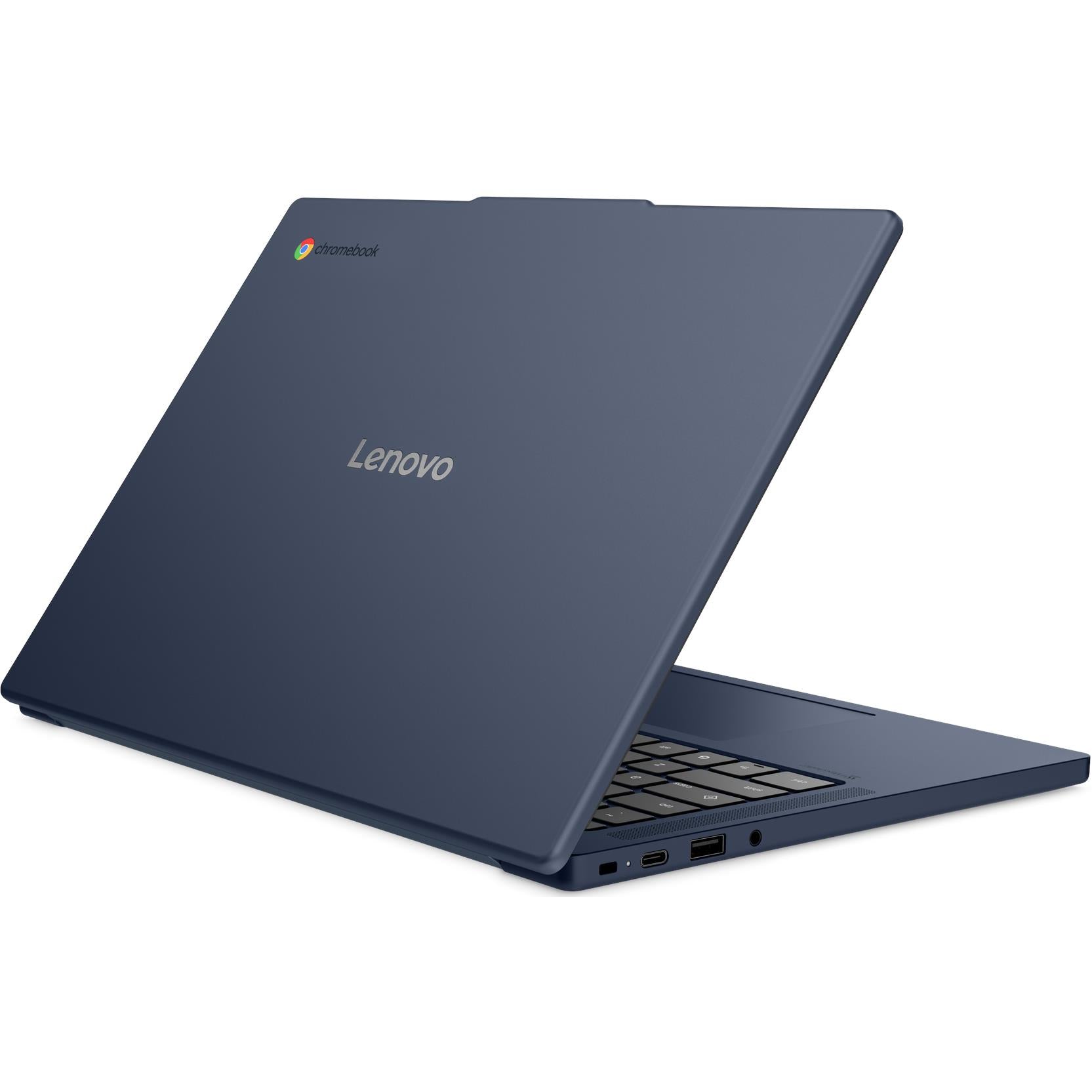 Blue Chromebook back lid with Lenovo logo, ports visible along the side