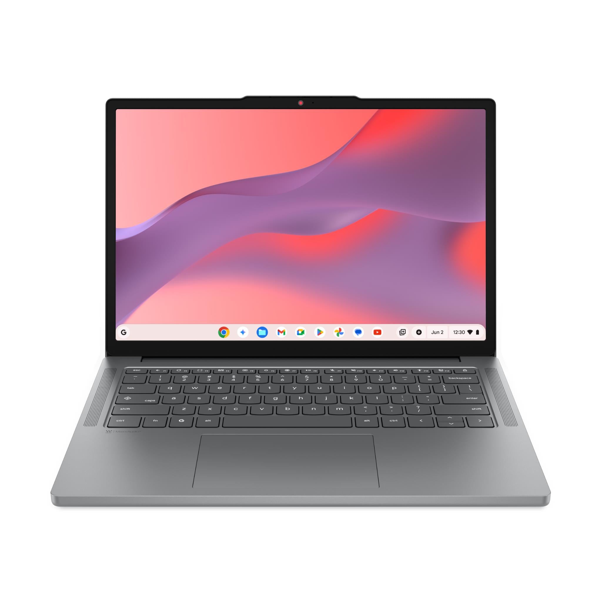 Gray Lenovo 14-inch Chromebook laptop open, showing keyboard and colorful display.