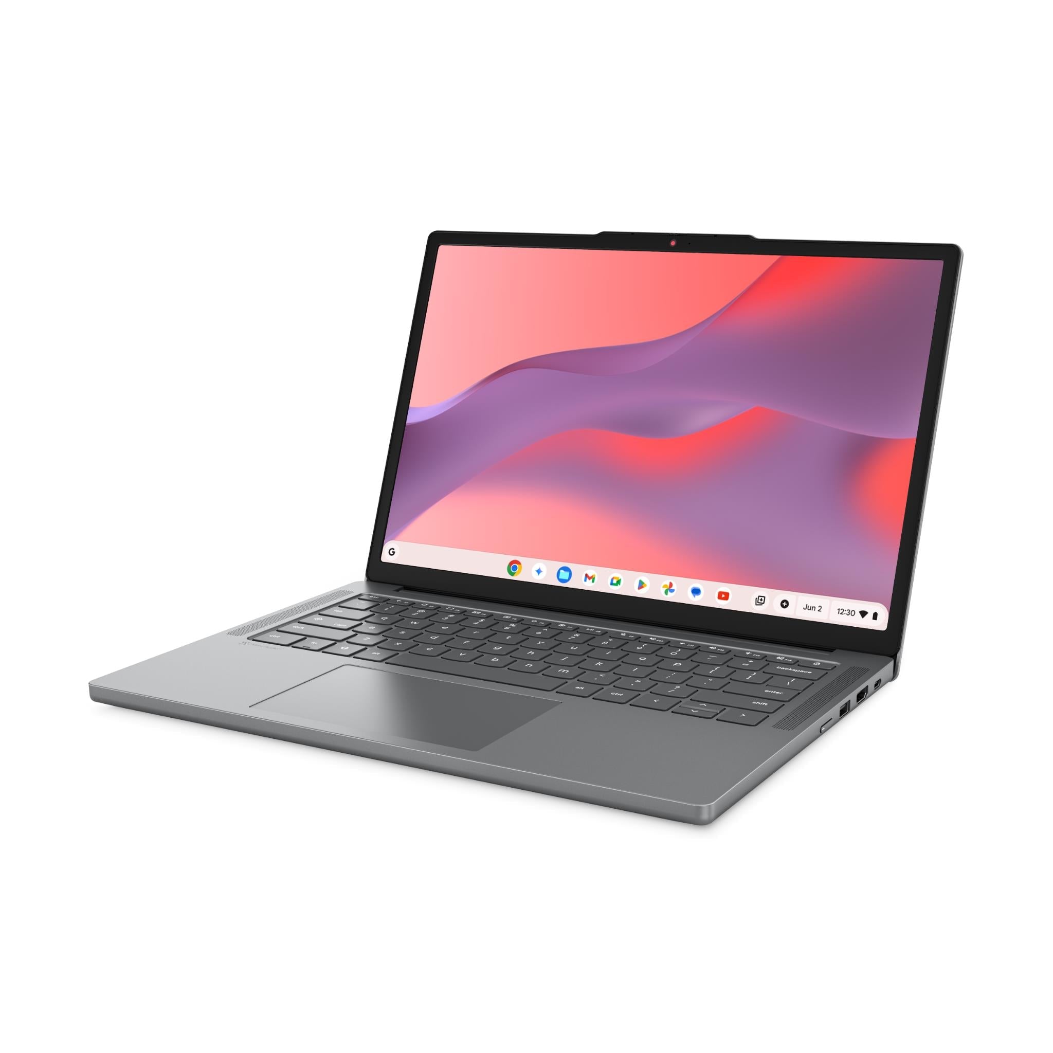 Gray Lenovo 14-inch Chromebook laptop open at an angle, showing keyboard and screen.