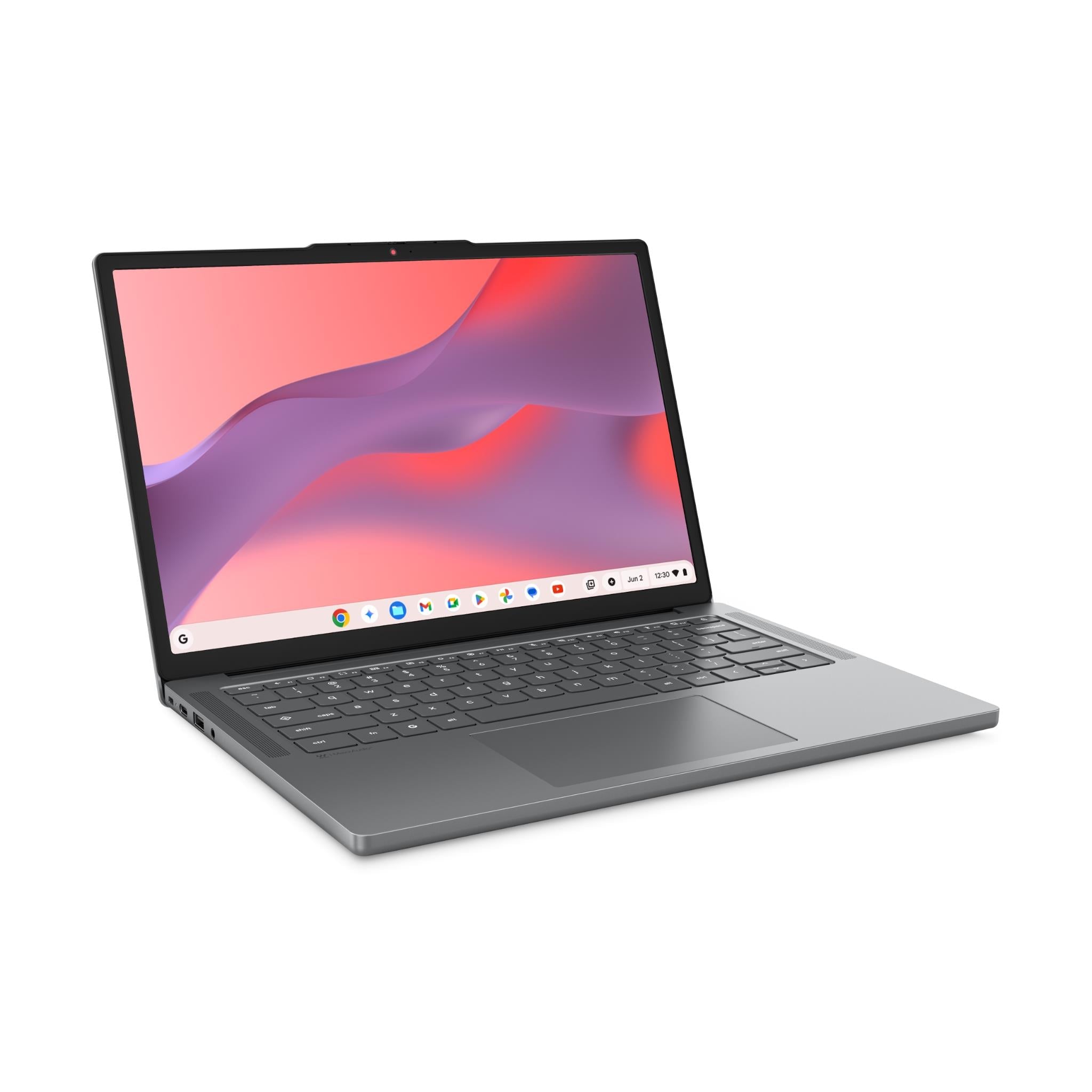 Gray Lenovo Chromebook laptop open with keyboard visible and colorful display wallpaper.