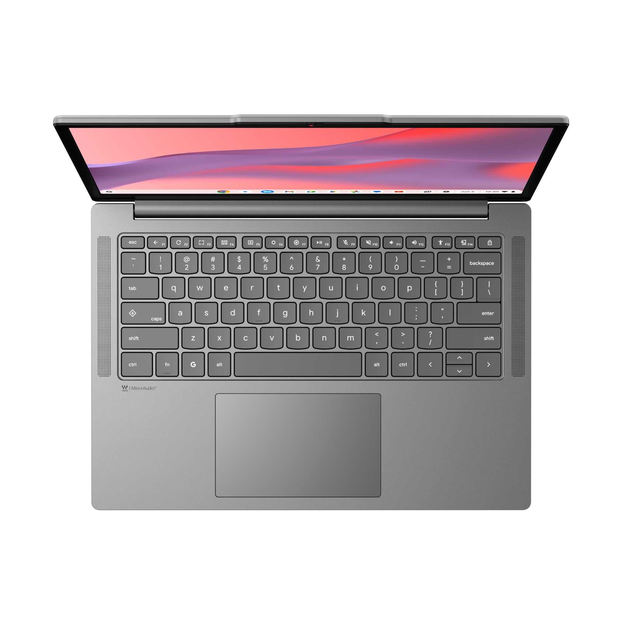 Gray Lenovo Chromebook laptop showing keyboard and large touchpad area.