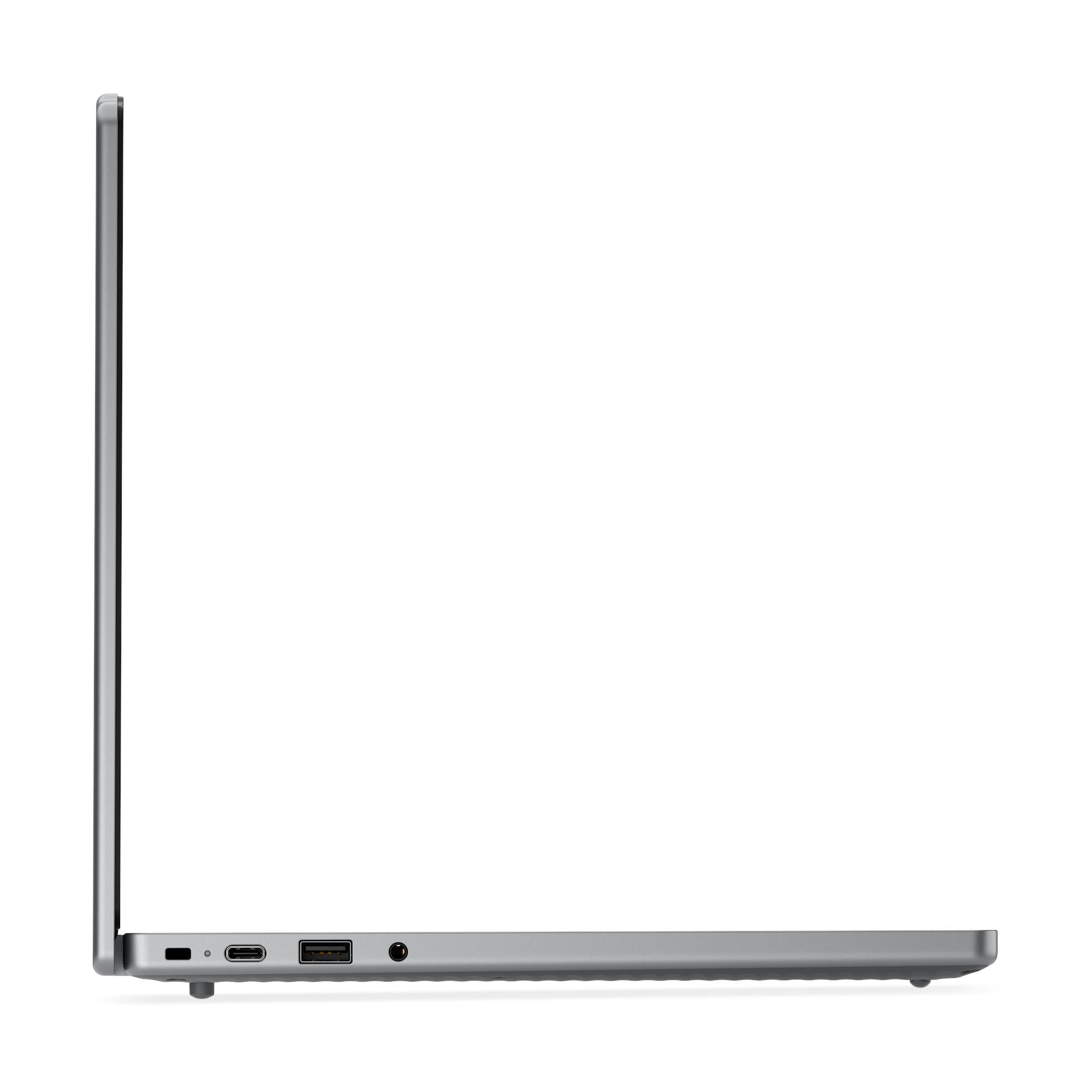 Gray Chromebook laptop left-side ports and headphone jack, side edge view.