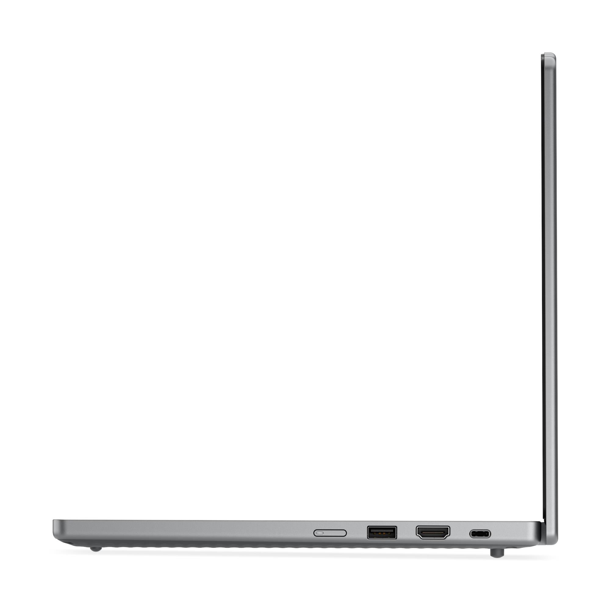 Gray Chromebook laptop right-side ports along the bottom edge, side view.
