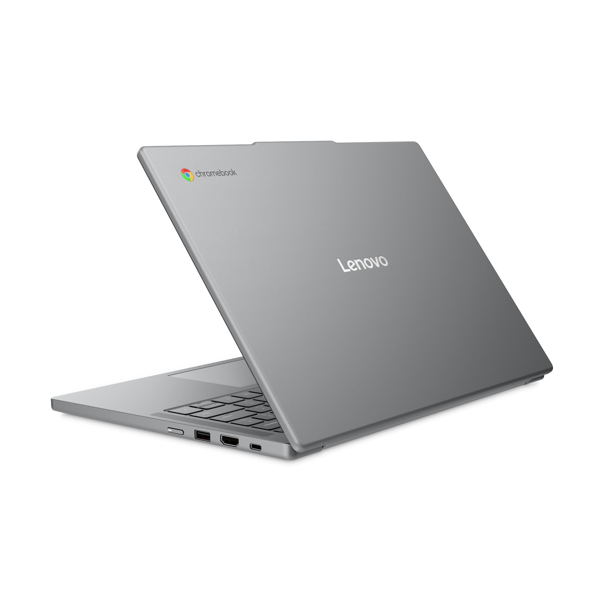 Closed gray Lenovo Chromebook laptop with Lenovo logo on the lid.