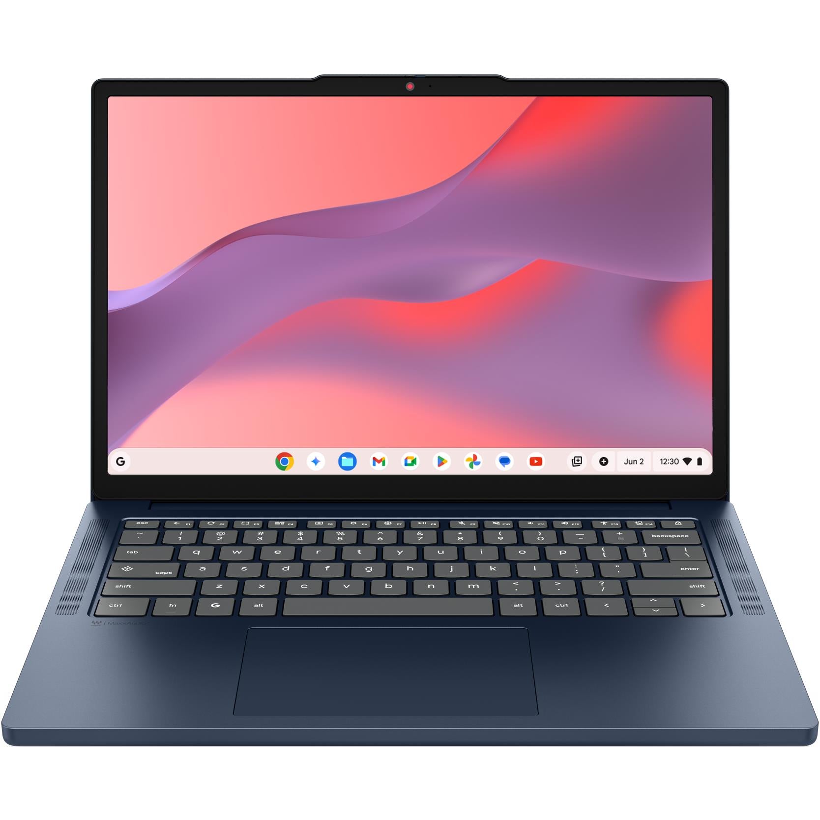 Grey 14-inch Chromebook laptop with keyboard and trackpad, screen showing colorful desktop