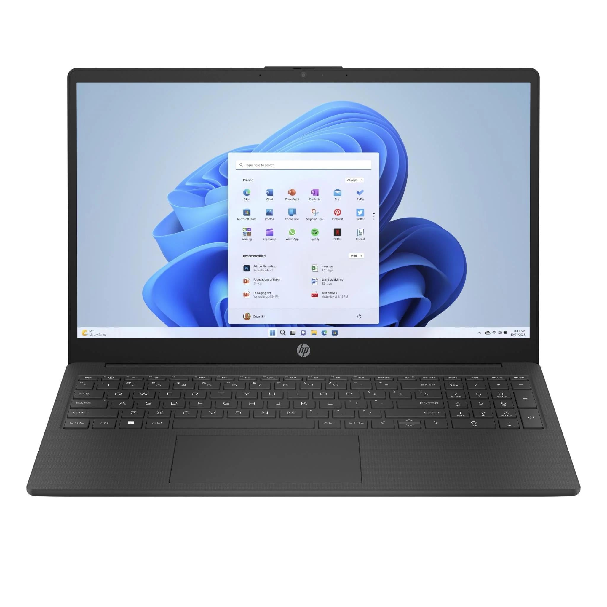 Black HP laptop with open 15.6-inch display and full-size keyboard