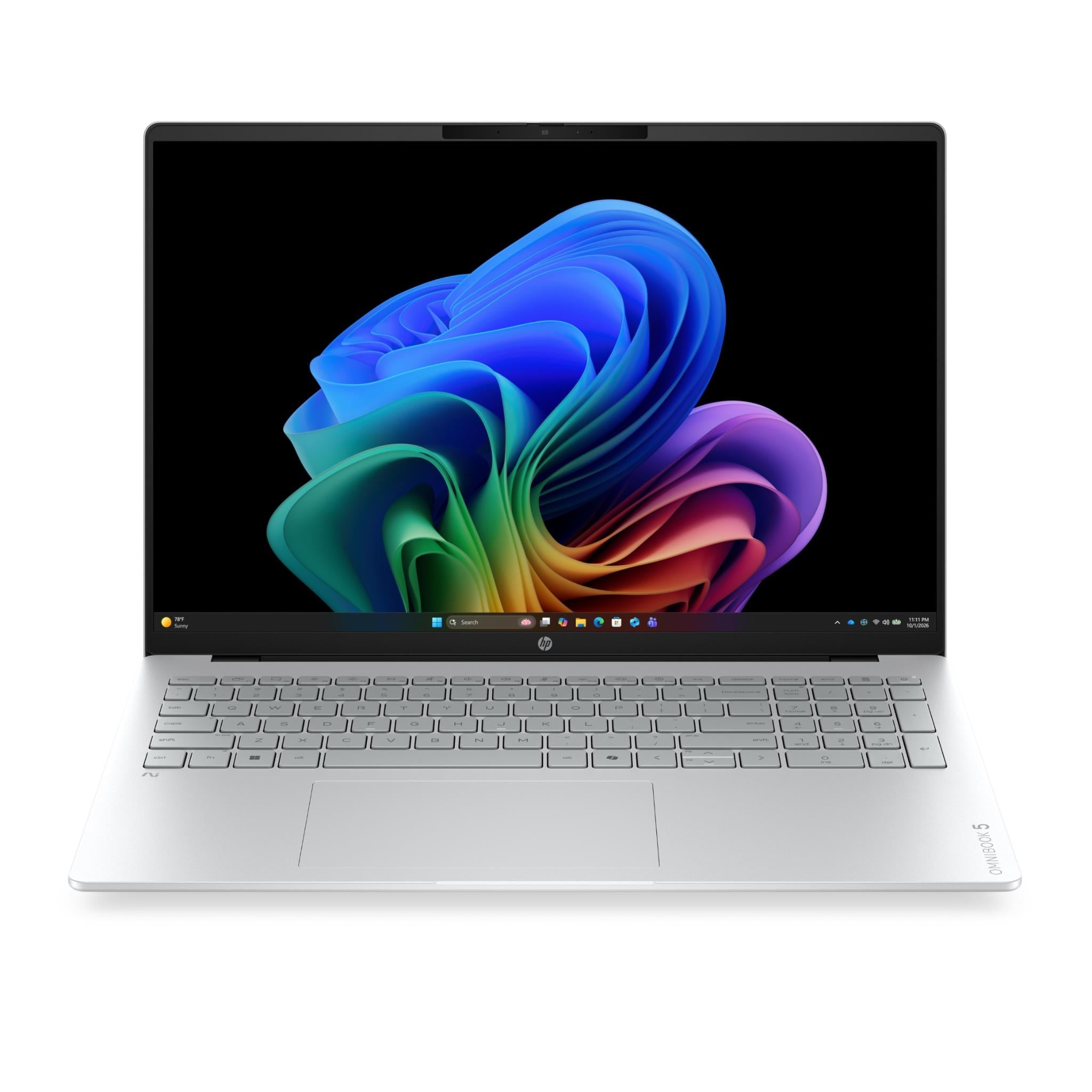 Silver 16-inch OLED laptop with rainbow swirl display and full keyboard, front view