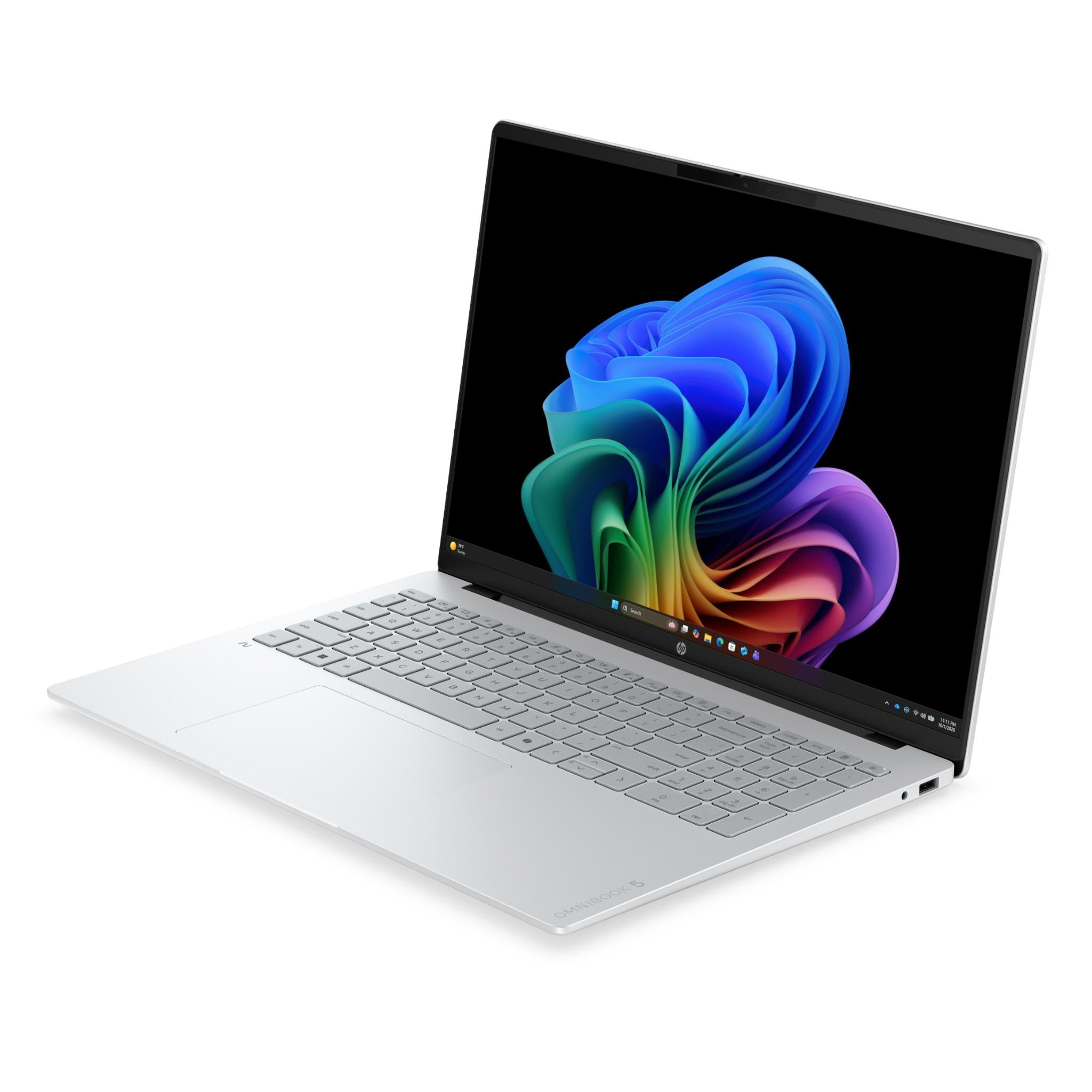 Silver laptop in angled view with rainbow swirl screen and gray keyboard deck