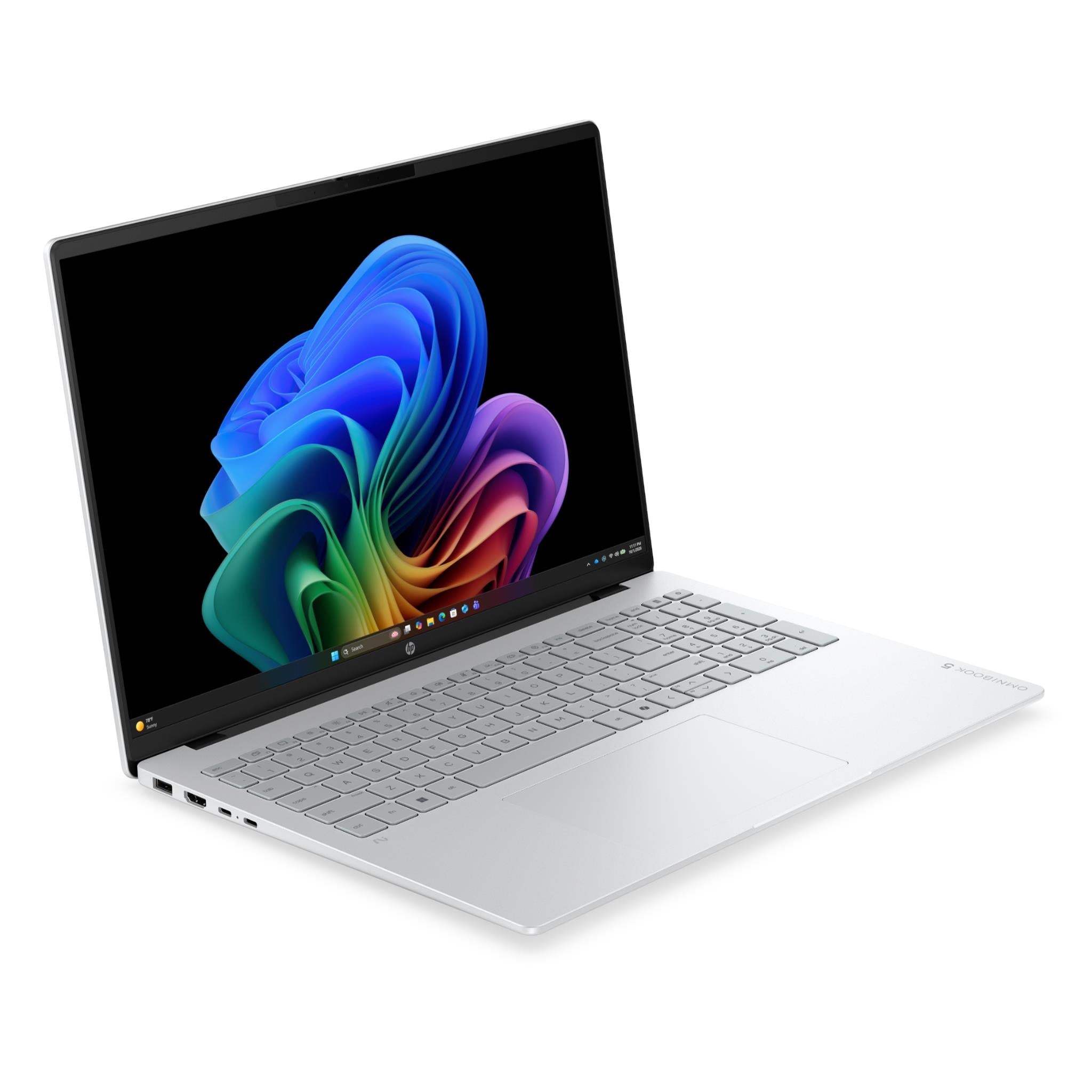 Silver laptop with rainbow swirl screen, gray keys, and open hinge view