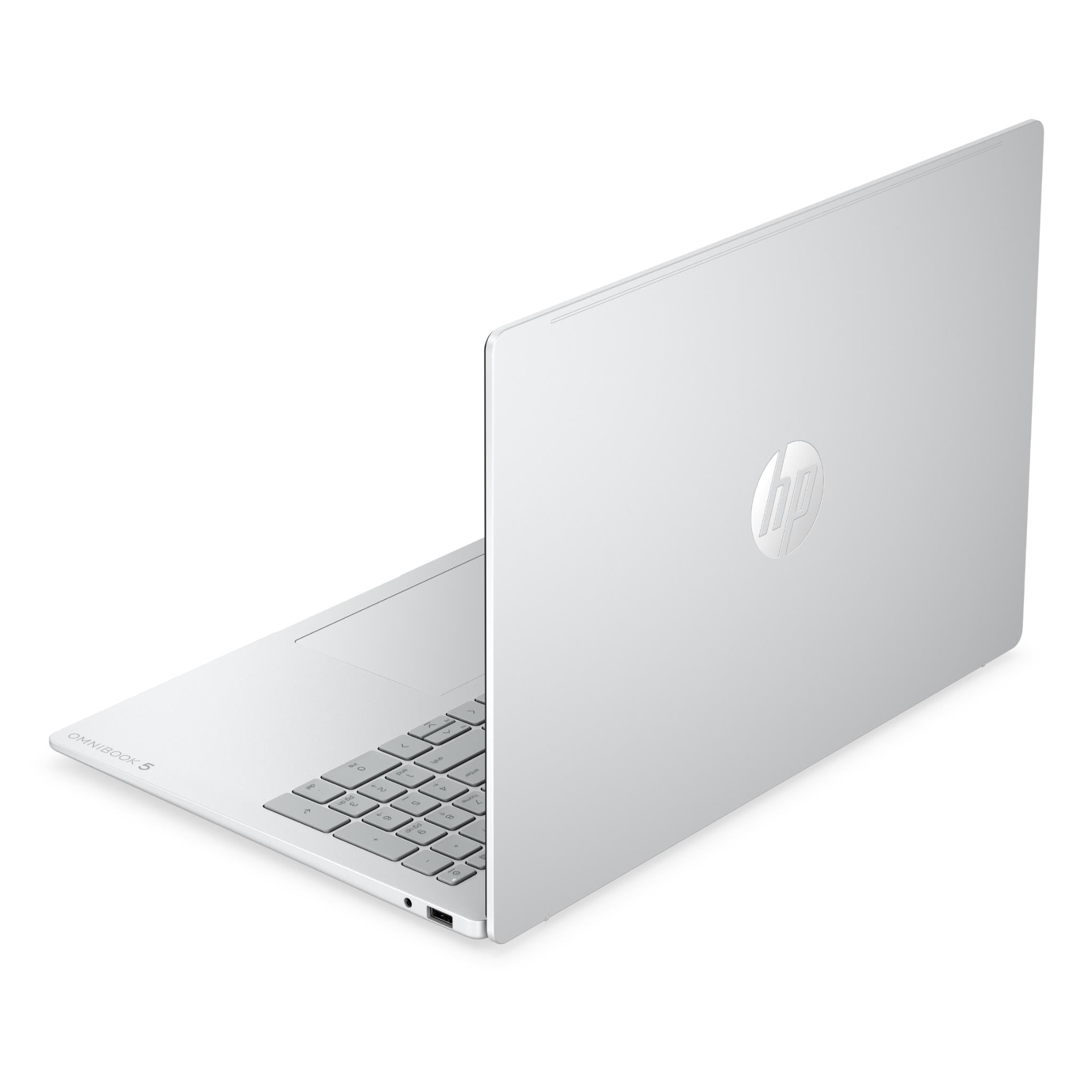 Silver laptop back view with HP logo and side keyboard edge