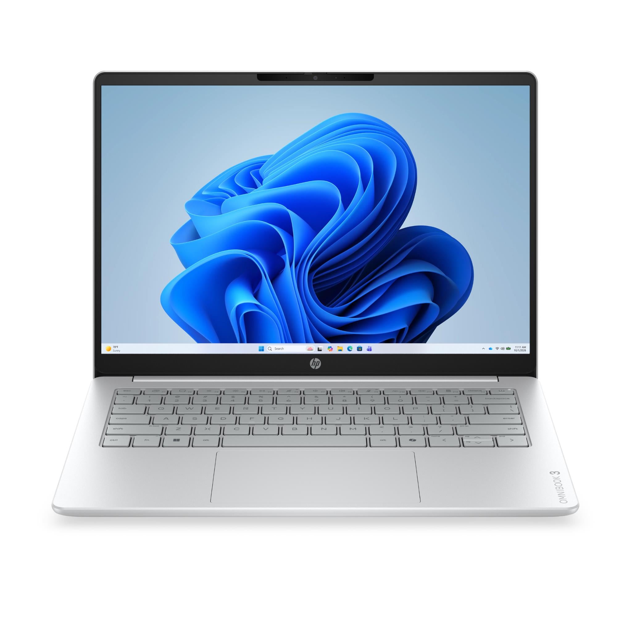 Silver HP OmniBook 14-inch laptop with blue screen and full keyboard