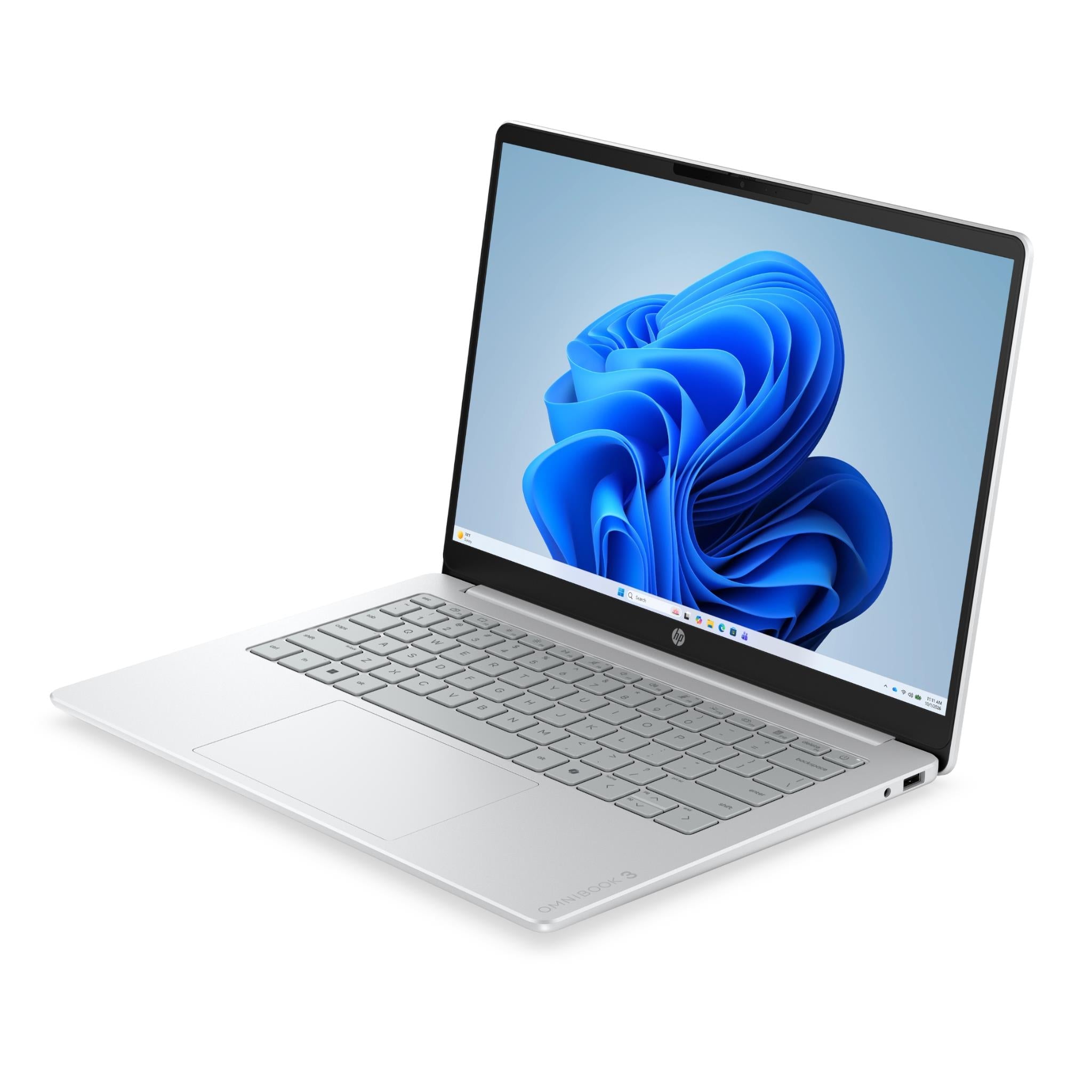 Silver HP OmniBook 14-inch laptop angled view with blue display and keyboard