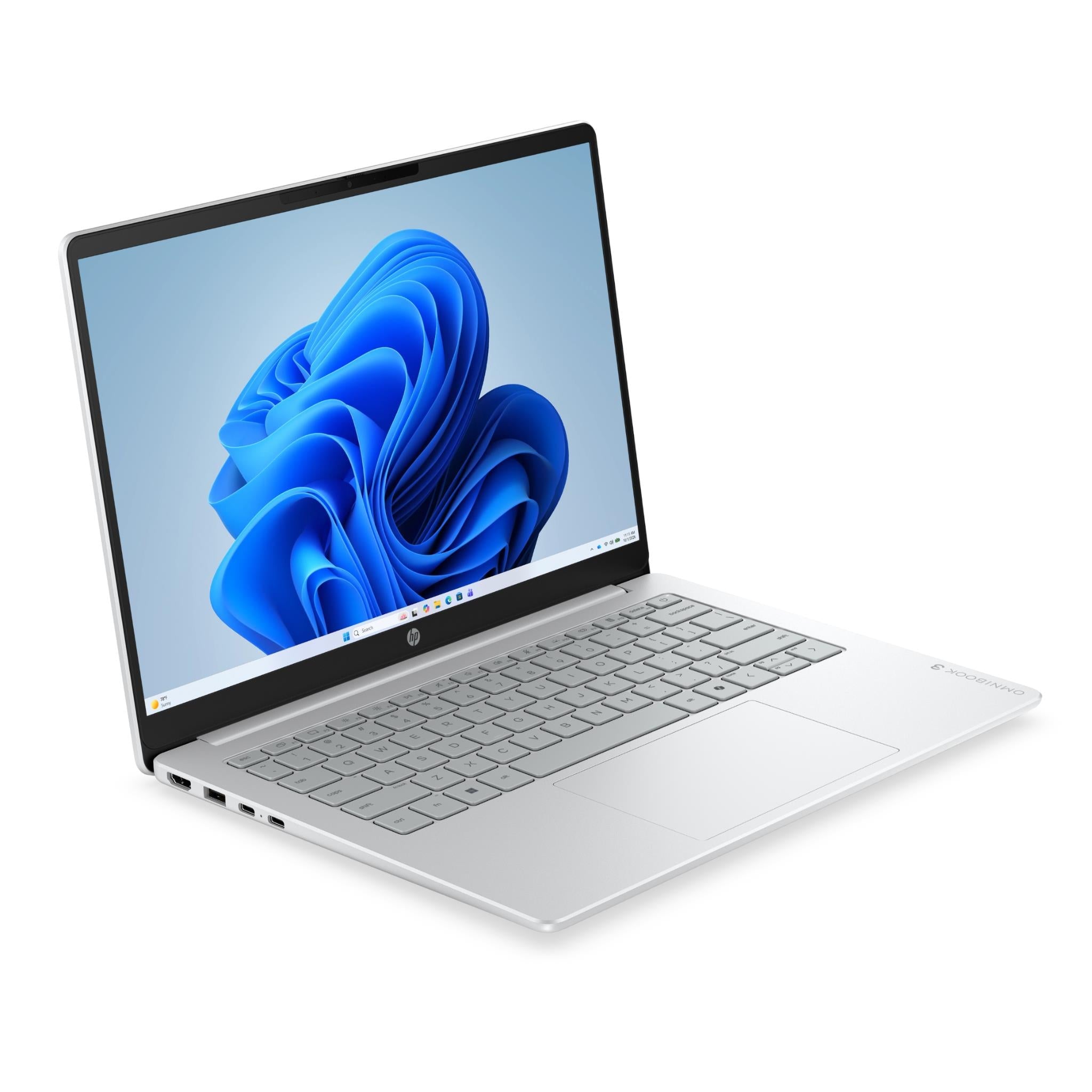 Silver HP OmniBook 14-inch laptop angled view with blue wallpaper display