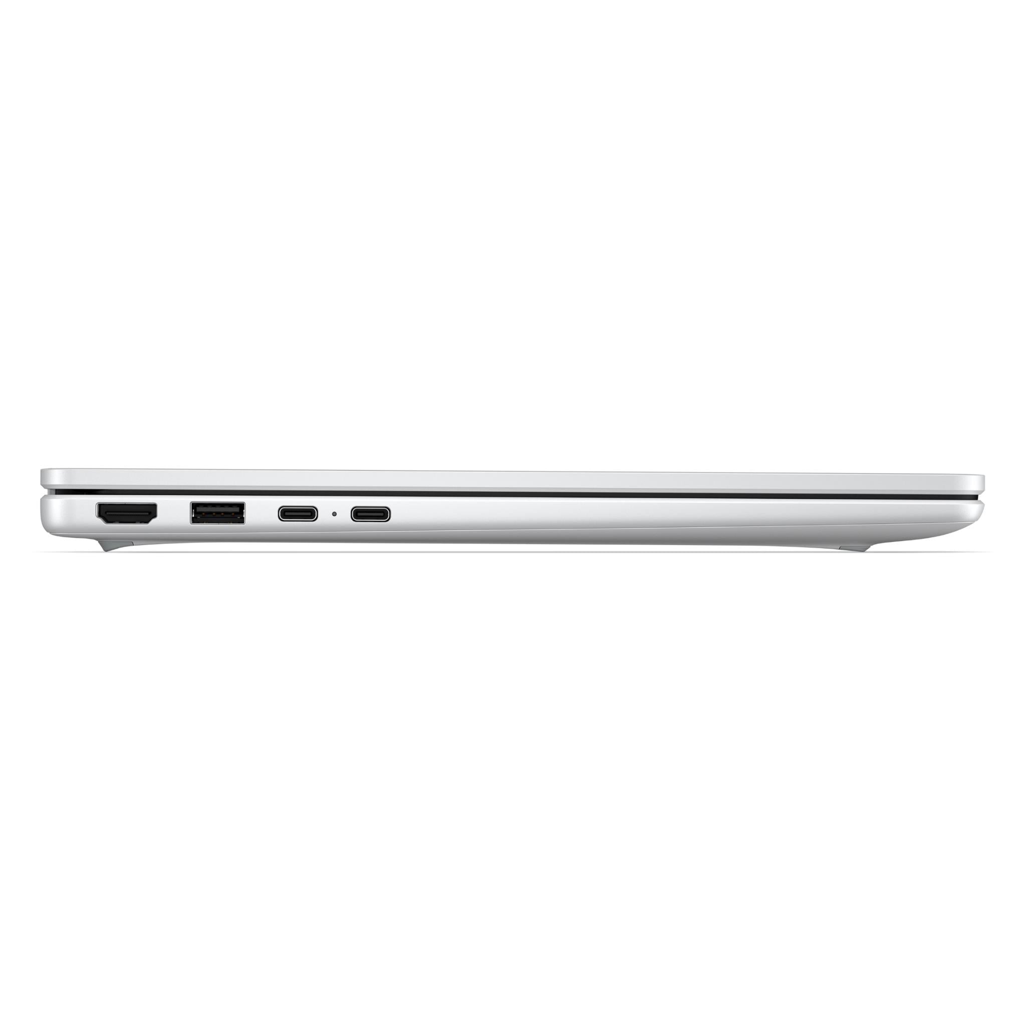 Silver HP OmniBook laptop side profile with multiple connectivity ports