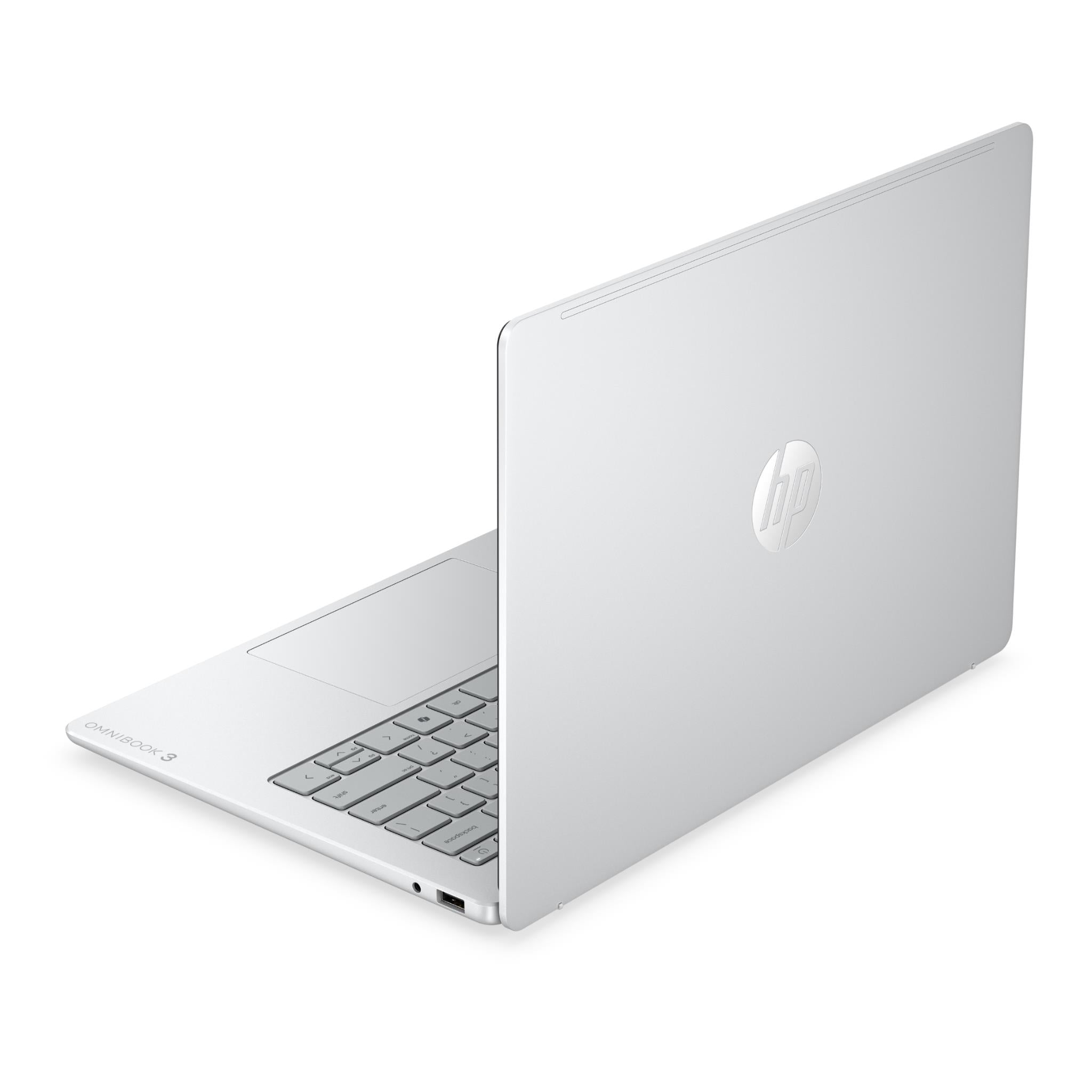 Silver HP OmniBook laptop back cover with HP logo and keyboard edge