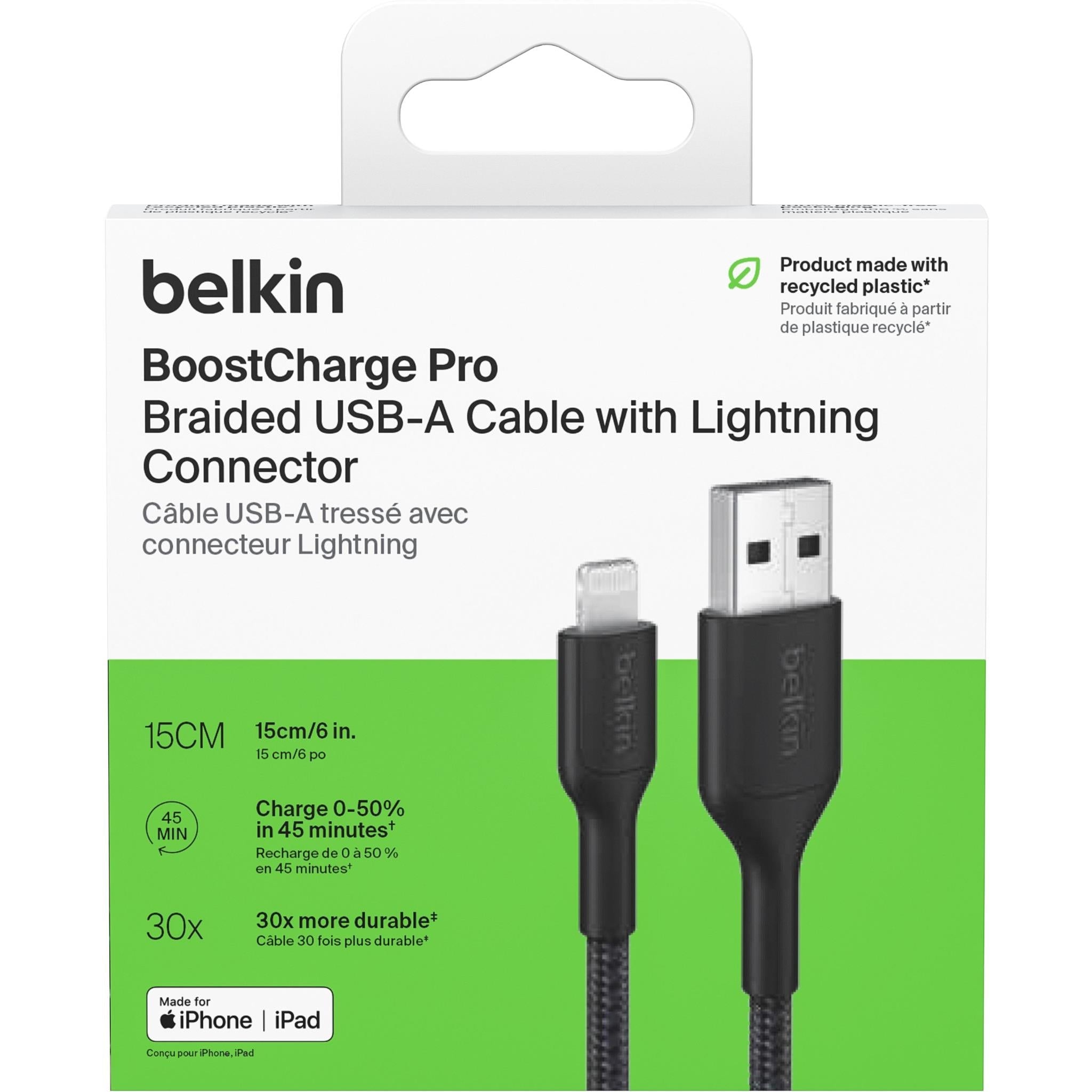 Belkin BoostCharge braided USB-A to Lightning cable, 15cm, black, image 3 - USB Cables & Adapters at Tech Supply Shed NZ